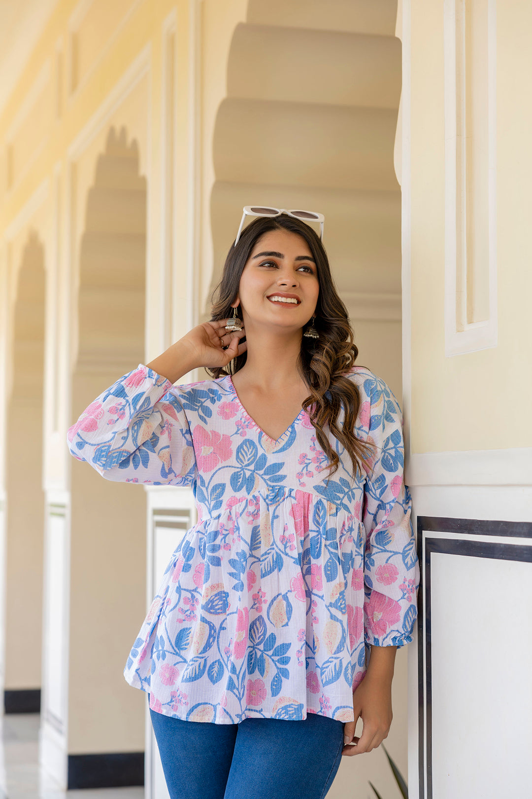 Women White Floral Printed V-Neck Peplum Tunic | LASVINI - Redefining Indian Fashion with Elegance