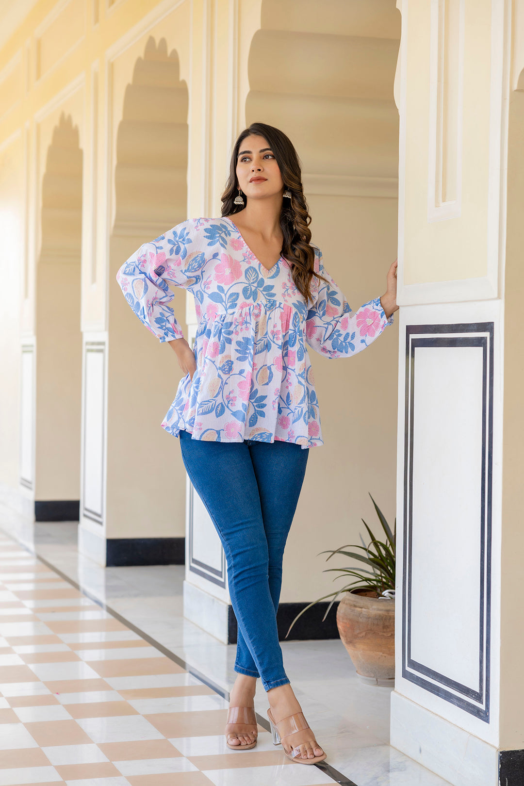Women White Floral Printed V-Neck Peplum Tunic | LASVINI - Redefining Indian Fashion with Elegance
