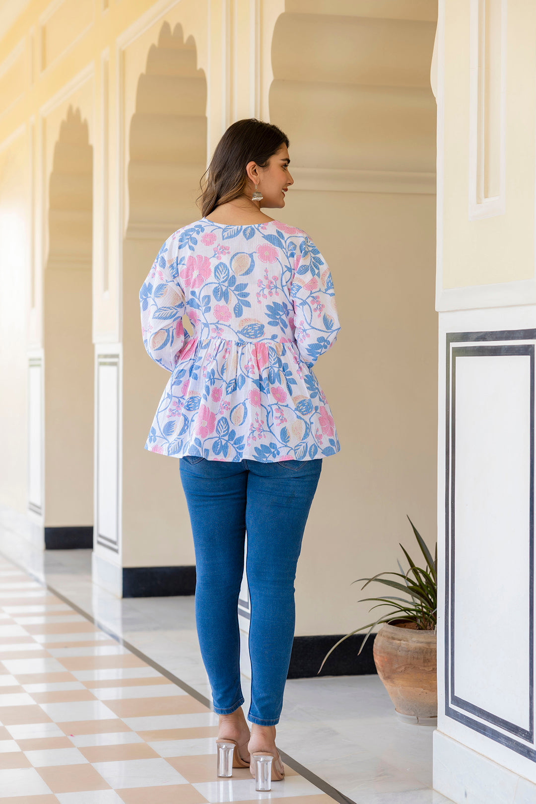 Women White Floral Printed V-Neck Peplum Tunic | LASVINI - Redefining Indian Fashion with Elegance