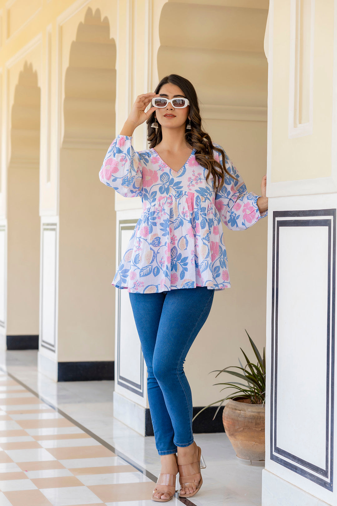 Women White Floral Printed V-Neck Peplum Tunic | LASVINI - Redefining Indian Fashion with Elegance