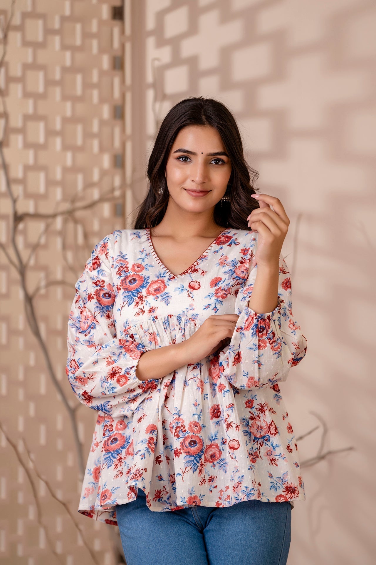 Women White Floral Printed V-Neck Peplum Tunic | LASVINI - Redefining Indian Fashion with Elegance