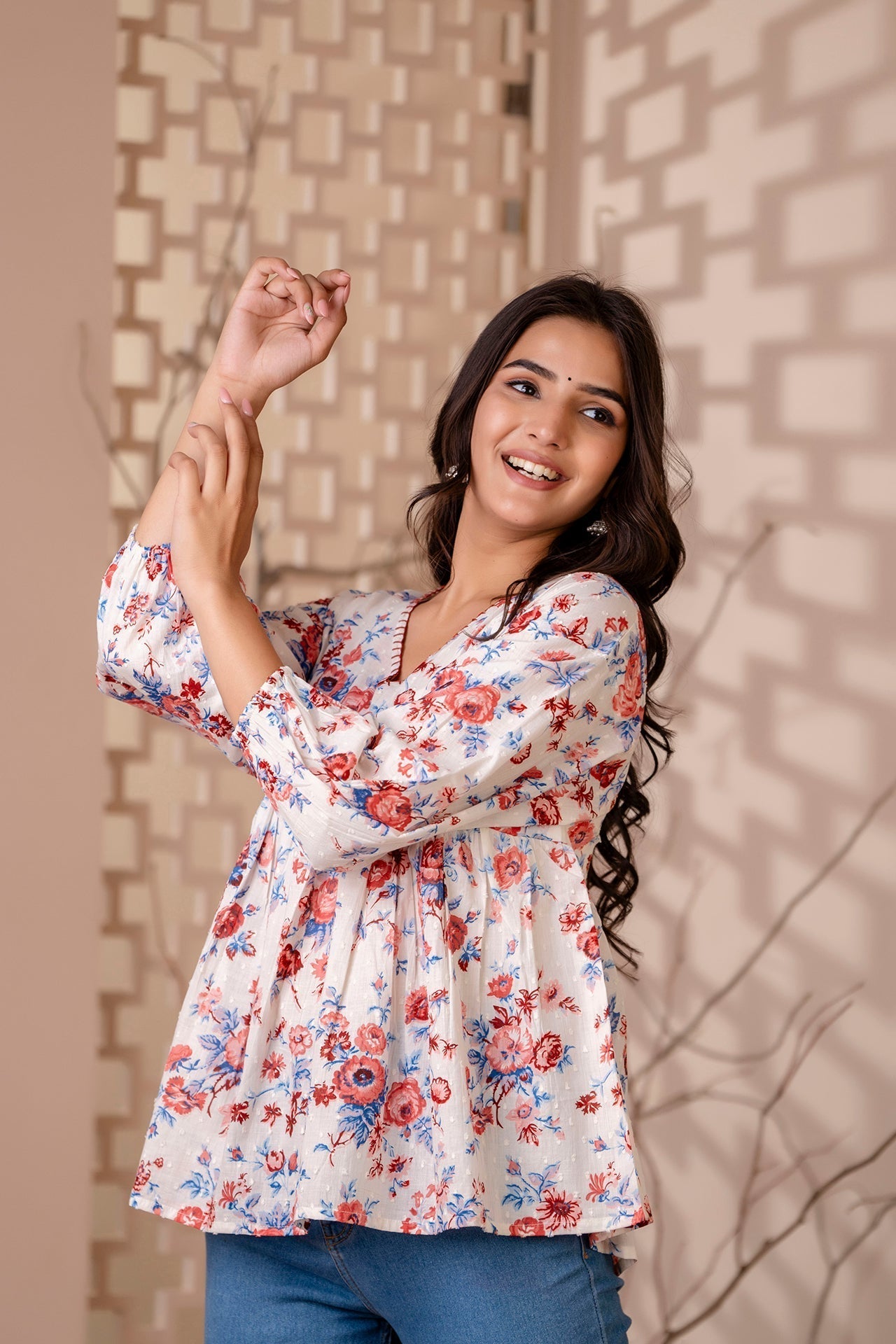 Women White Floral Printed V-Neck Peplum Tunic | LASVINI - Redefining Indian Fashion with Elegance