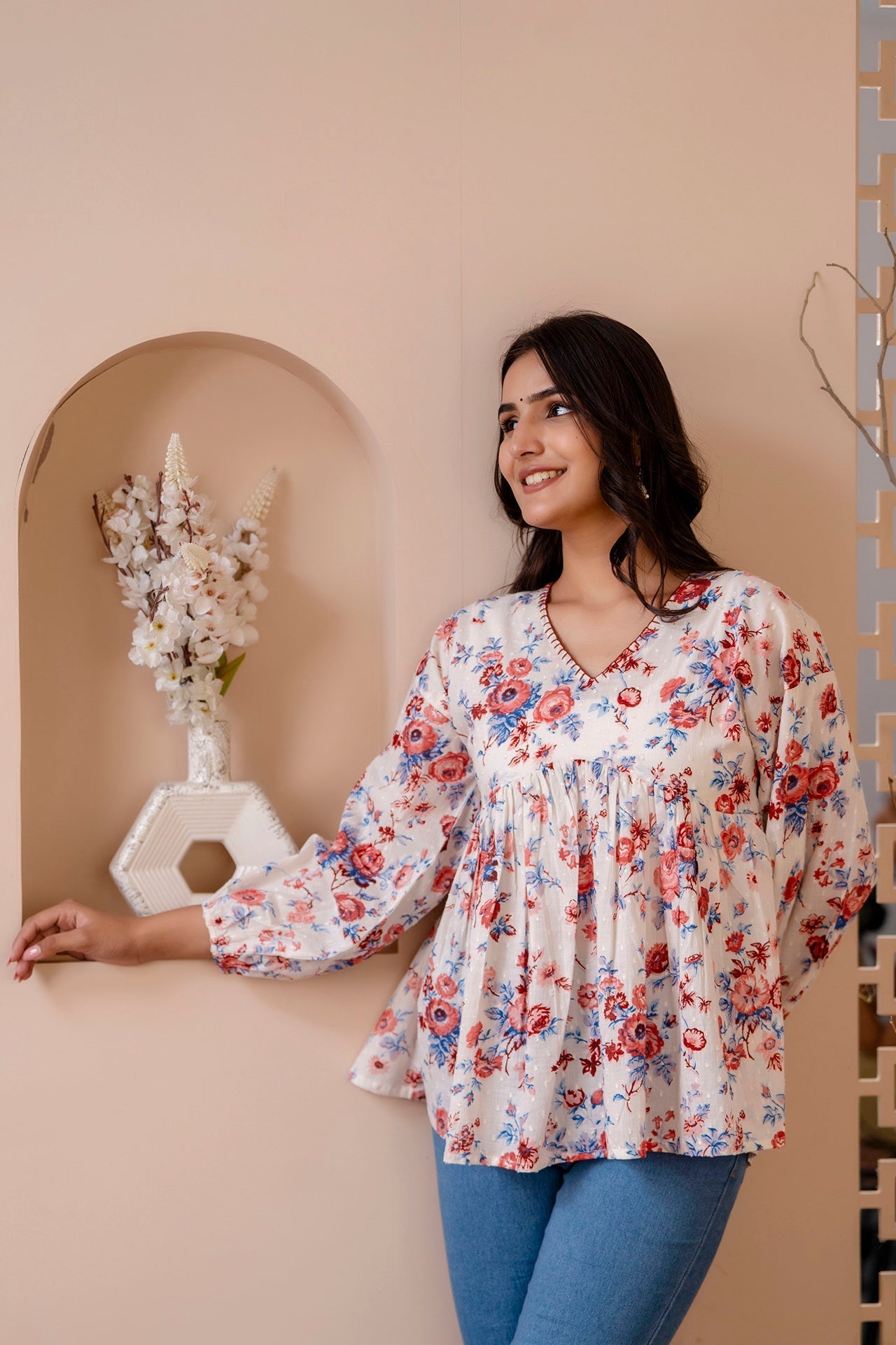 Women White Floral Printed V-Neck Peplum Tunic | LASVINI - Redefining Indian Fashion with Elegance
