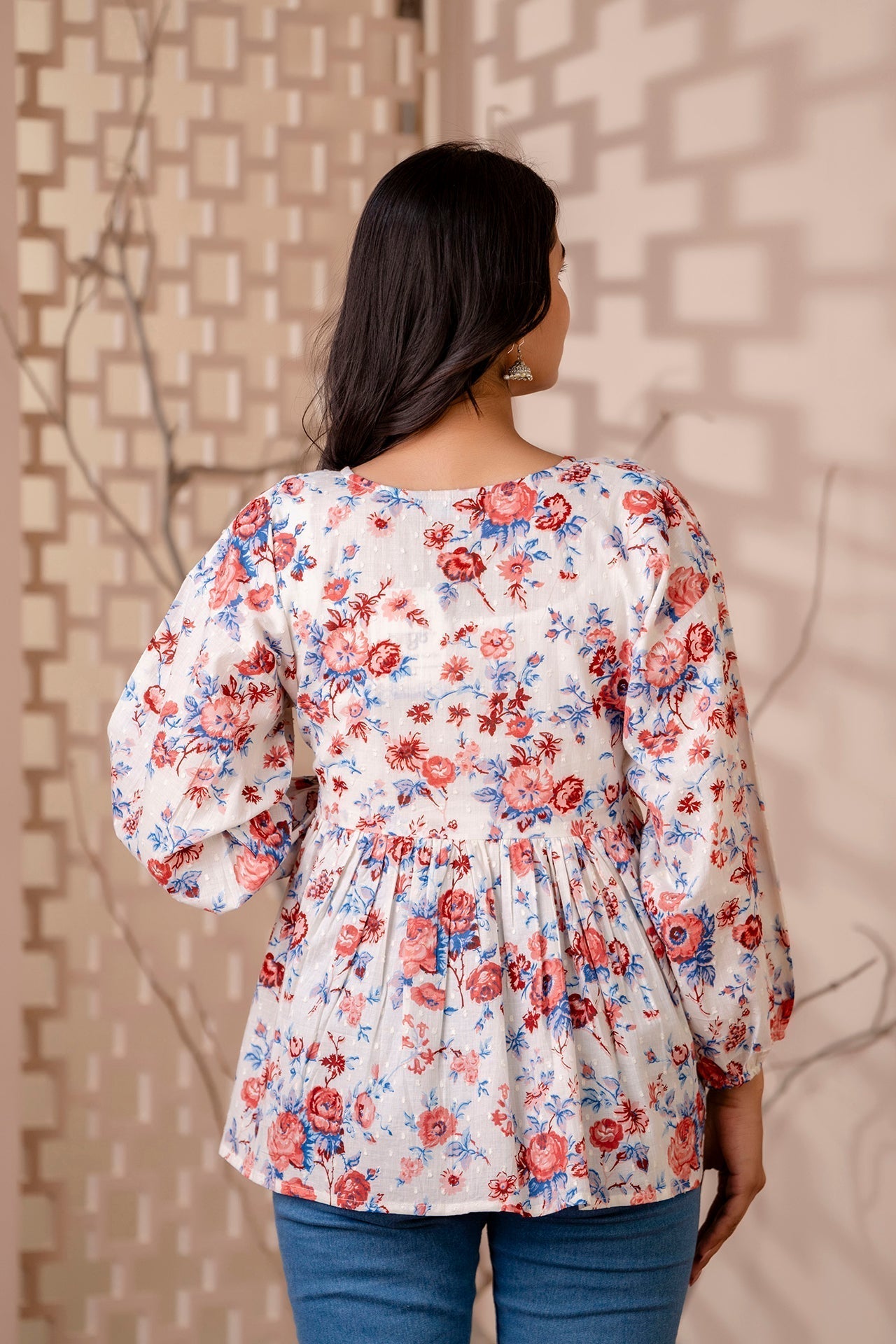 Women White Floral Printed V-Neck Peplum Tunic | LASVINI - Redefining Indian Fashion with Elegance