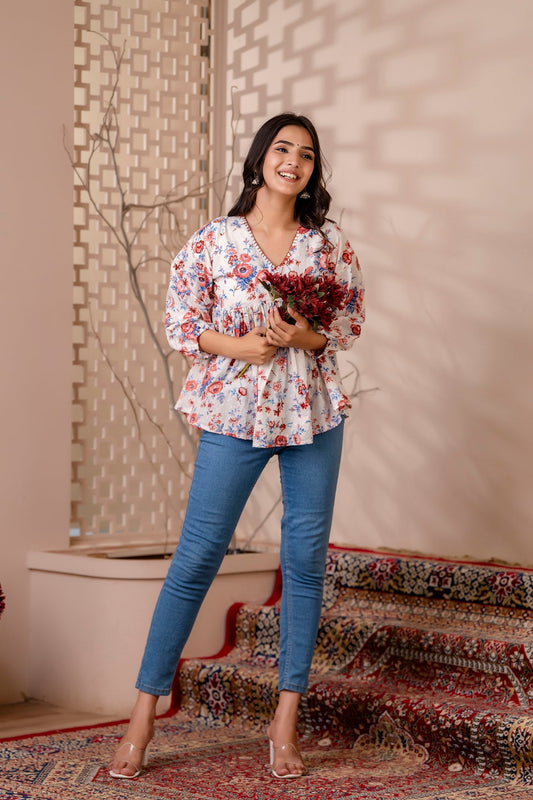 Women White Floral Printed V-Neck Peplum Tunic | LASVINI - Redefining Indian Fashion with Elegance