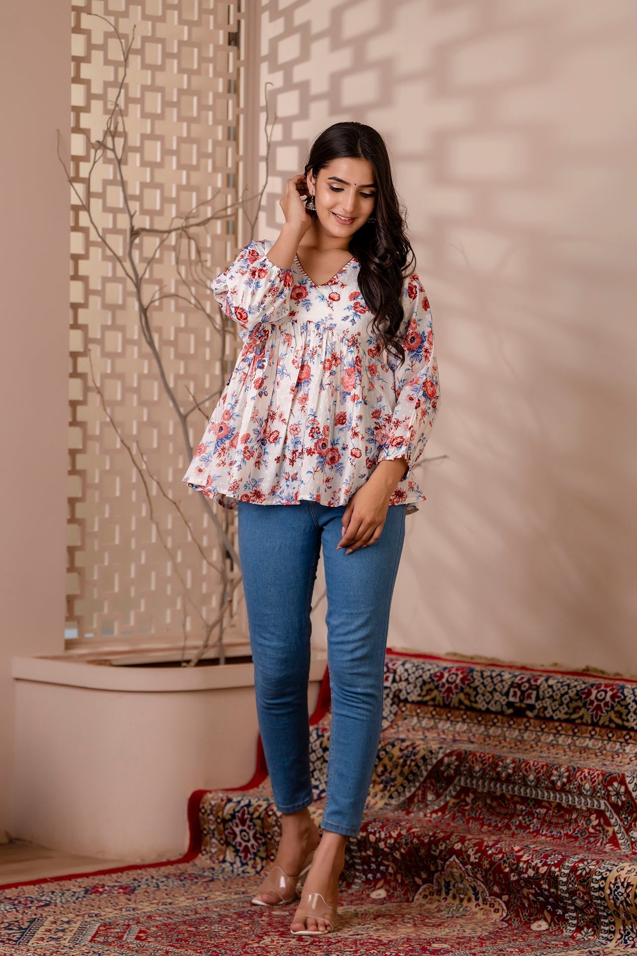 Women White Floral Printed V-Neck Peplum Tunic | LASVINI - Redefining Indian Fashion with Elegance
