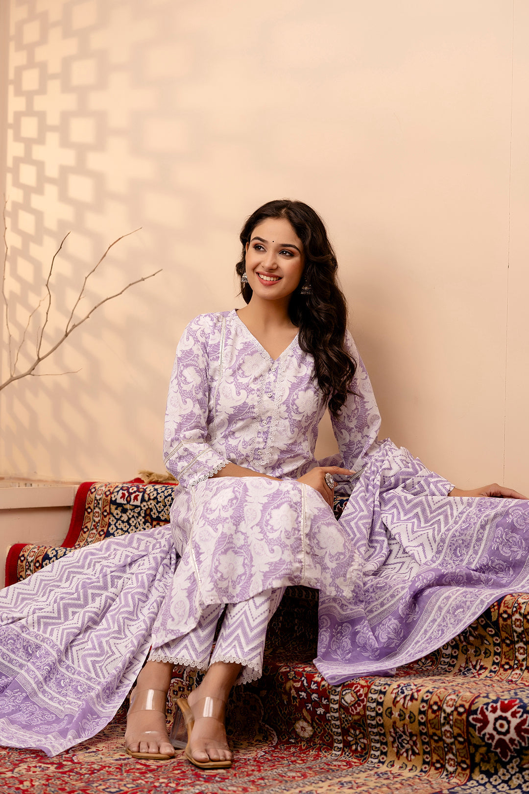 Women Lavender Floral Printed Straight Kurta And Trouser With Dupatta | LASVINI - Redefining Indian Fashion with Elegance