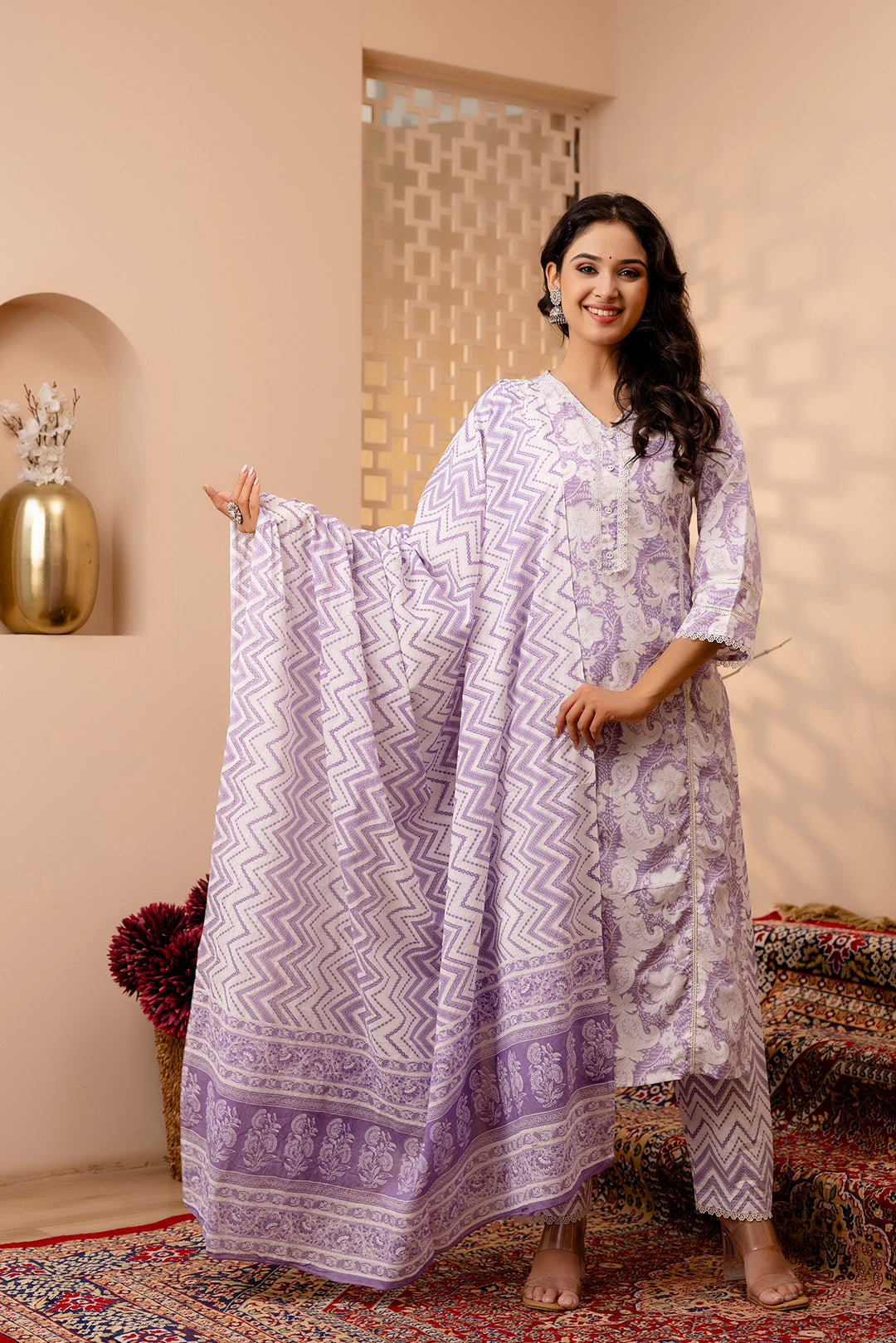 Women Lavender Floral Printed Straight Kurta And Trouser With Dupatta | LASVINI - Redefining Indian Fashion with Elegance