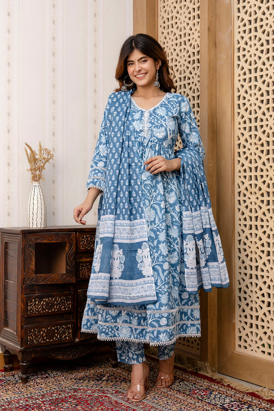 Women Blue Floral Printed Anarkali Kurta And Trouser With Dupatta | LASVINI - Redefining Indian Fashion with Elegance