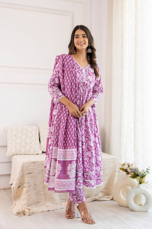 Women Mauve Floral Printed Anarkali Kurta And Trouser With Dupatta | LASVINI - Redefining Indian Fashion with Elegance