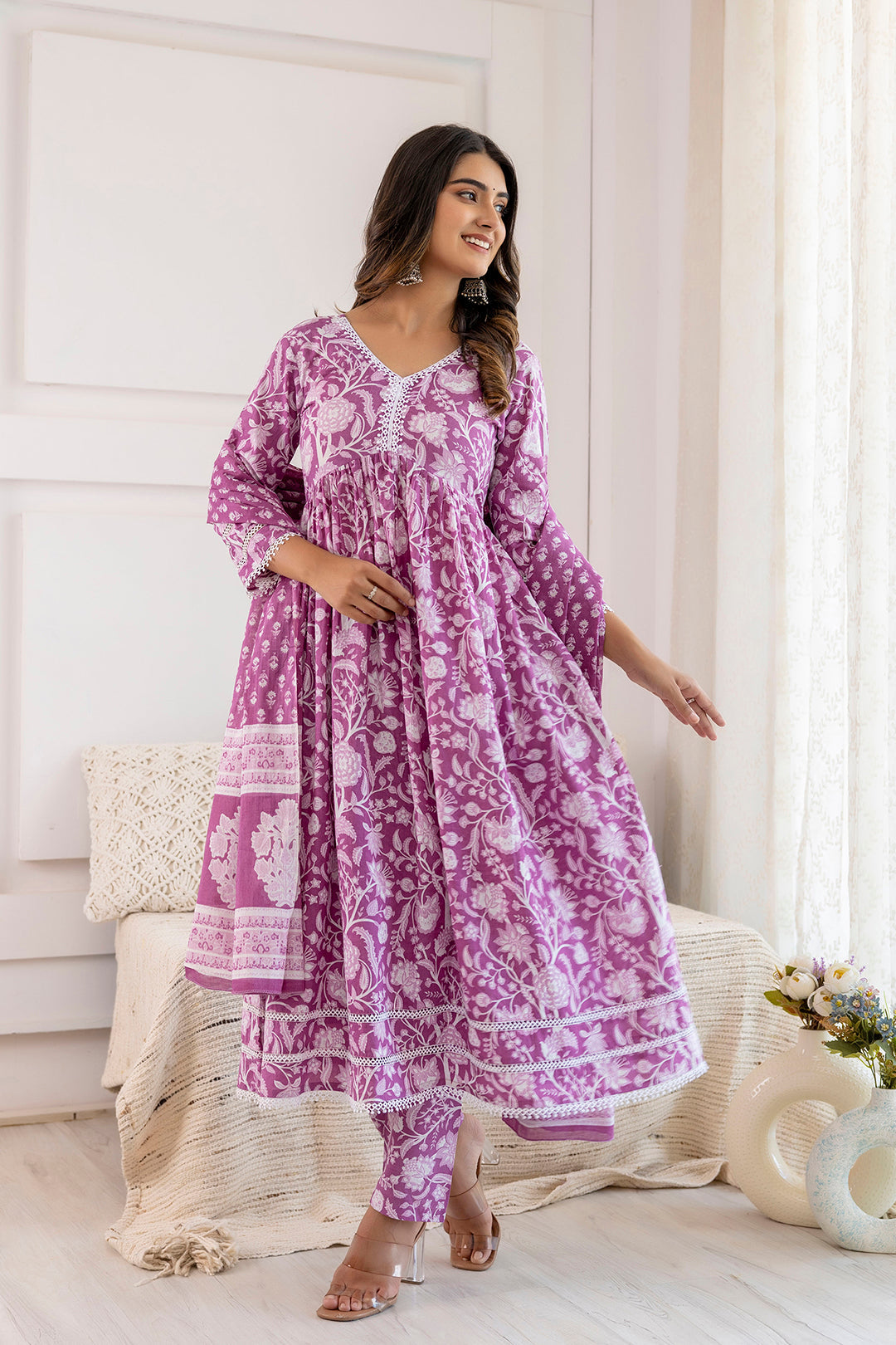 Women Mauve Floral Printed Anarkali Kurta And Trouser With Dupatta | LASVINI - Redefining Indian Fashion with Elegance