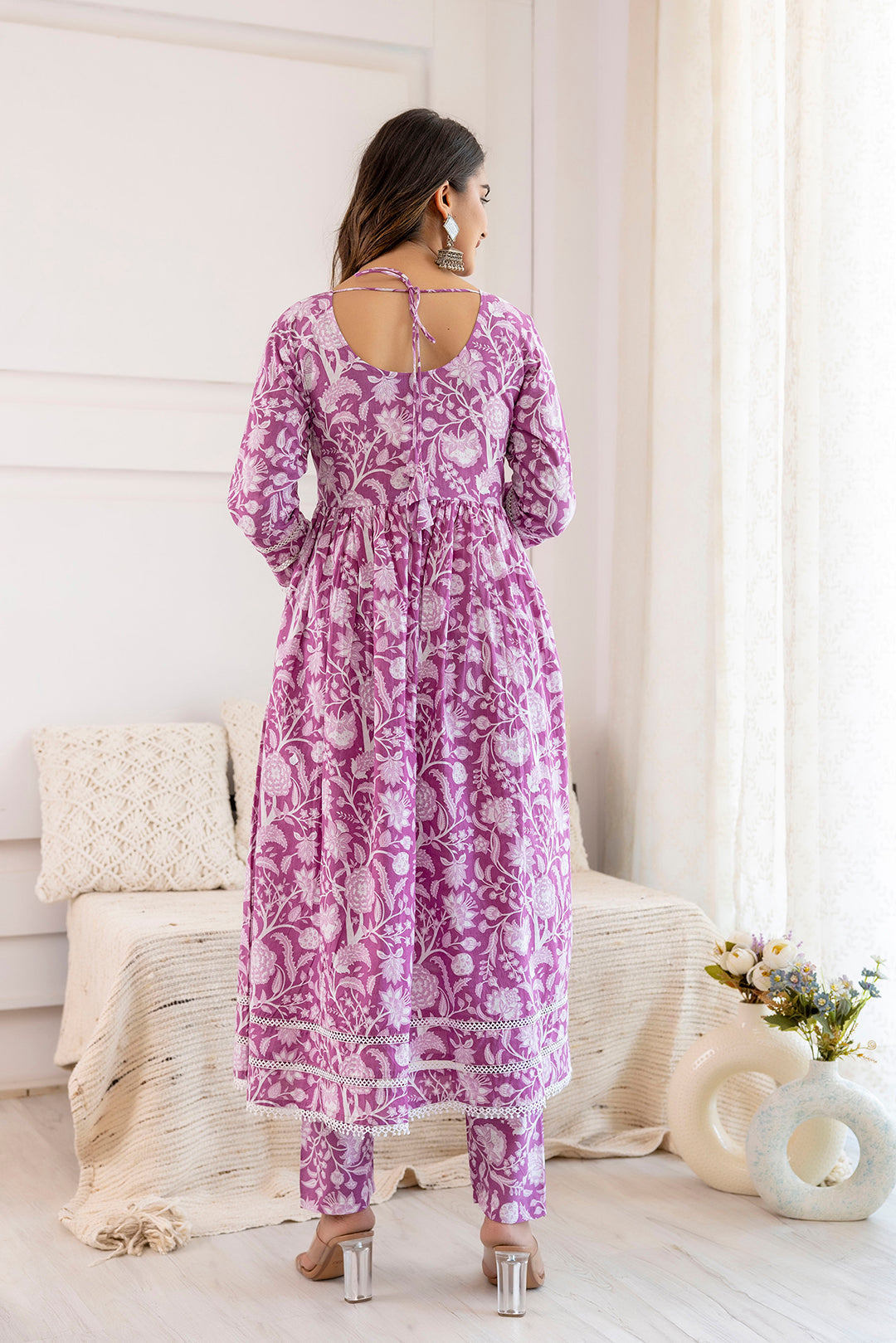 Women Mauve Floral Printed Anarkali Kurta And Trouser With Dupatta | LASVINI - Redefining Indian Fashion with Elegance