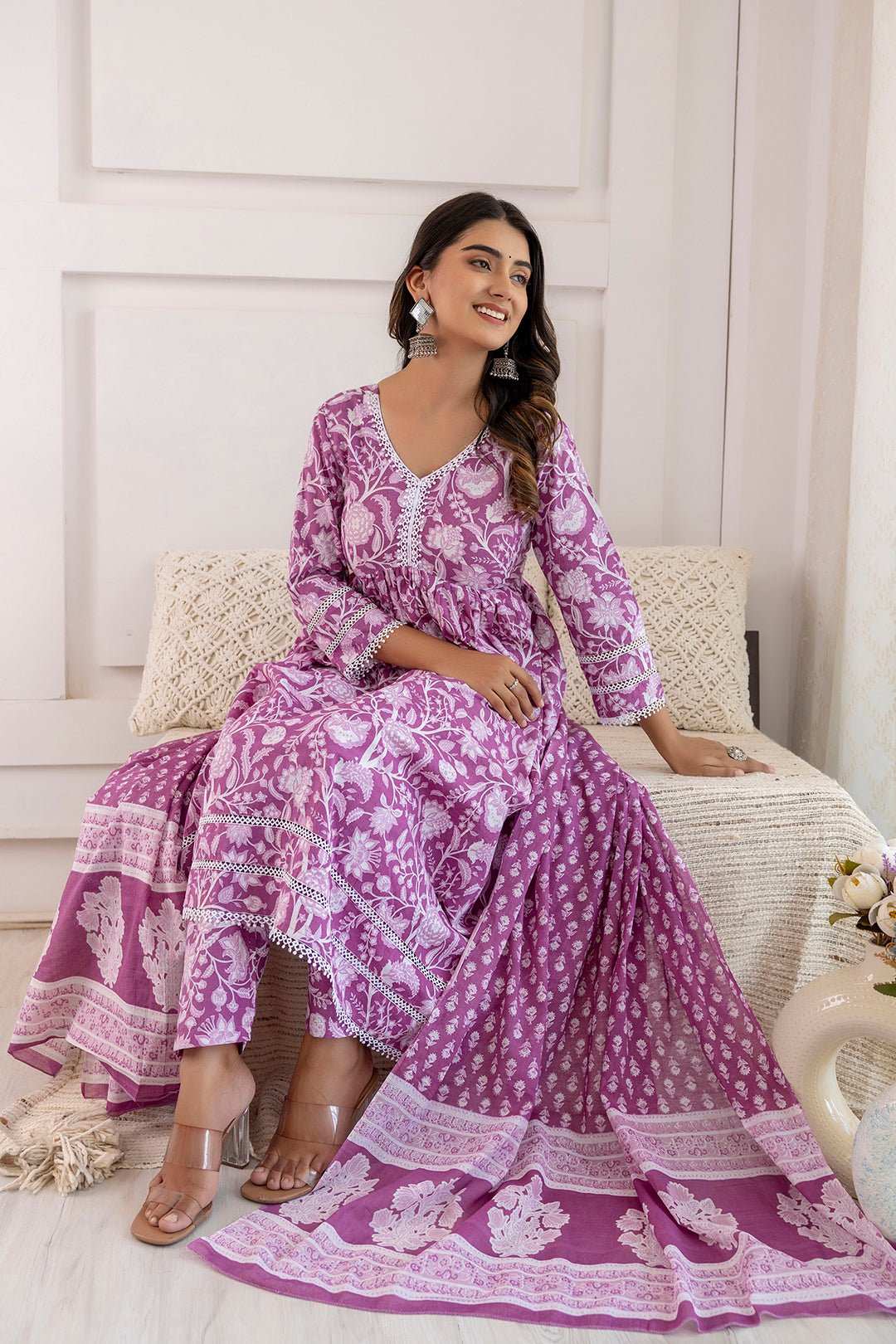 Women Mauve Floral Printed Anarkali Kurta And Trouser With Dupatta | LASVINI - Redefining Indian Fashion with Elegance