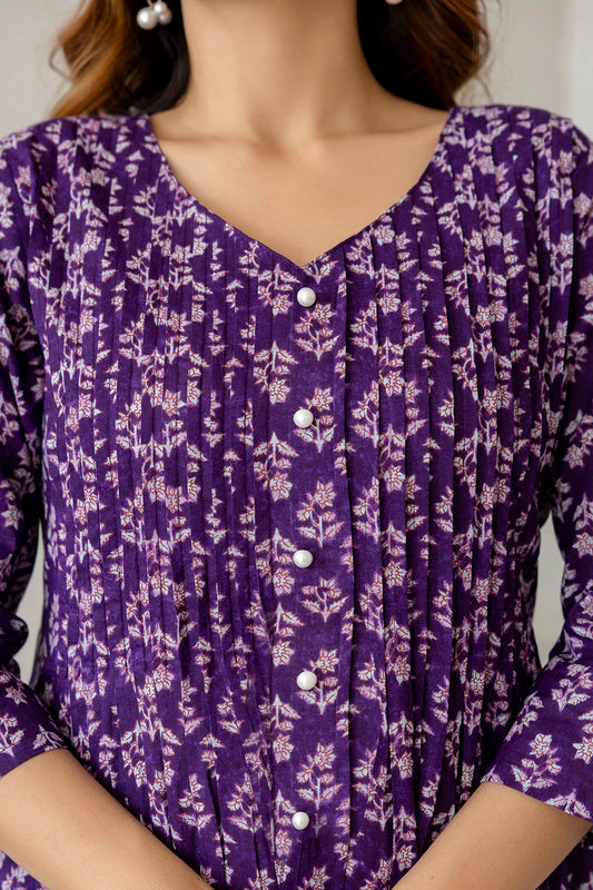 Women Purple Printed A-Line Kurta With Three Quarter Sleeves | LASVINI - Redefining Indian Fashion with Elegance