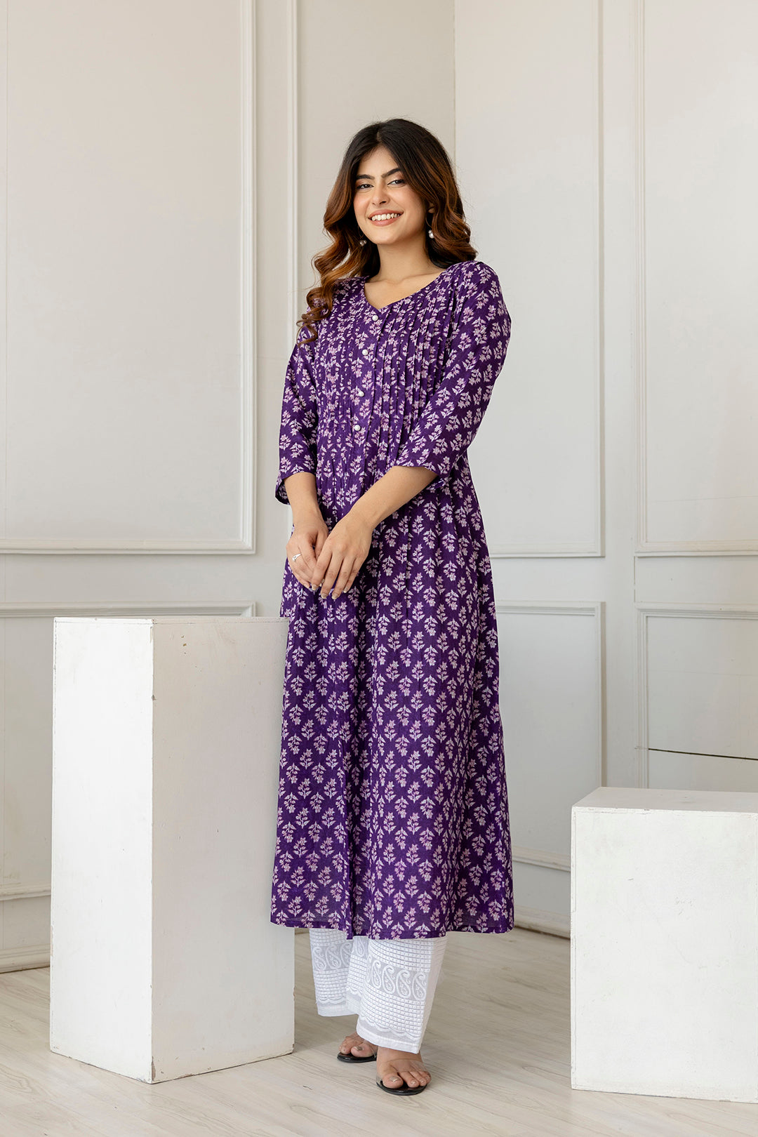 Women Purple Printed A-Line Kurta With Three Quarter Sleeves | LASVINI - Redefining Indian Fashion with Elegance