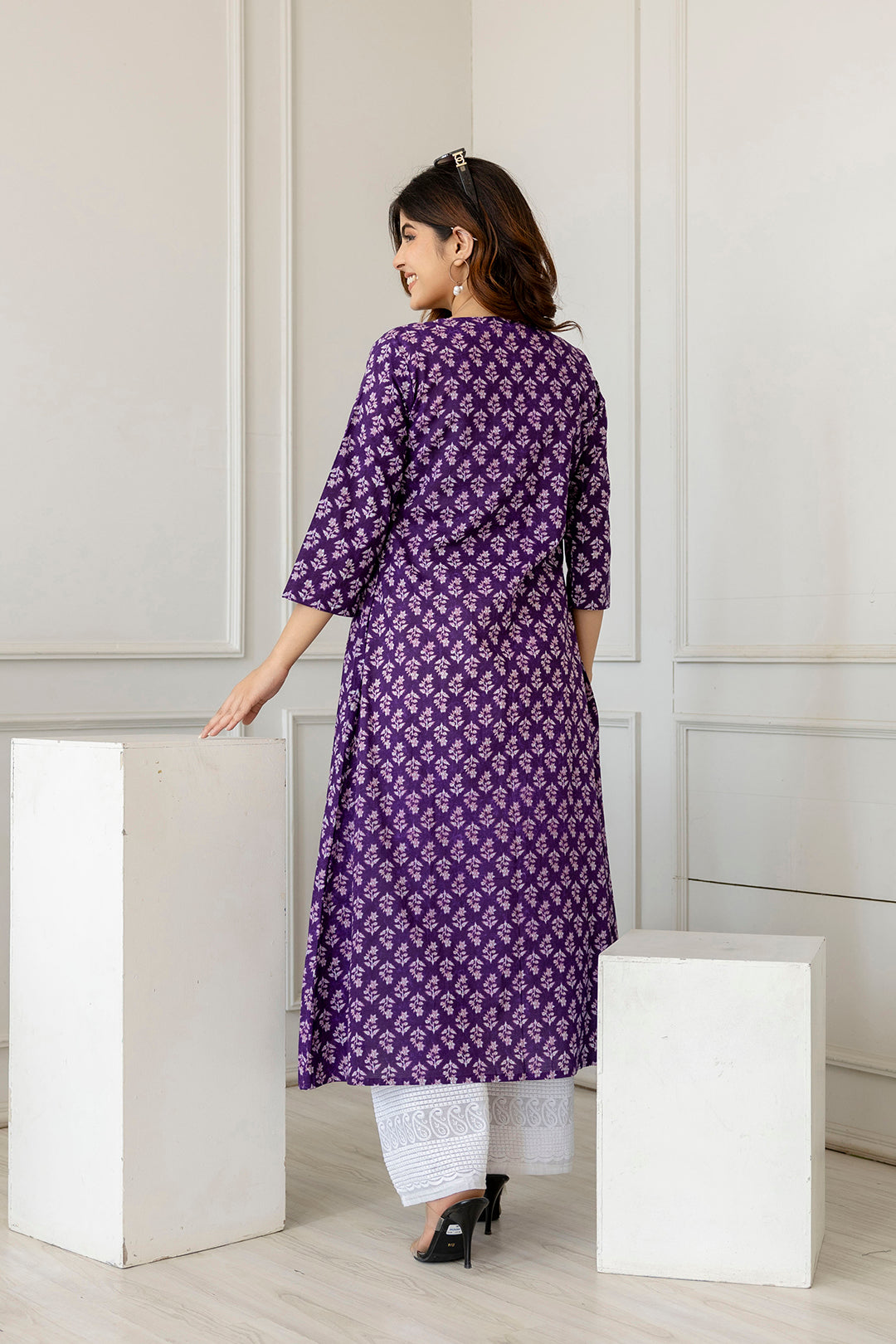 Women Purple Printed A-Line Kurta With Three Quarter Sleeves | LASVINI - Redefining Indian Fashion with Elegance