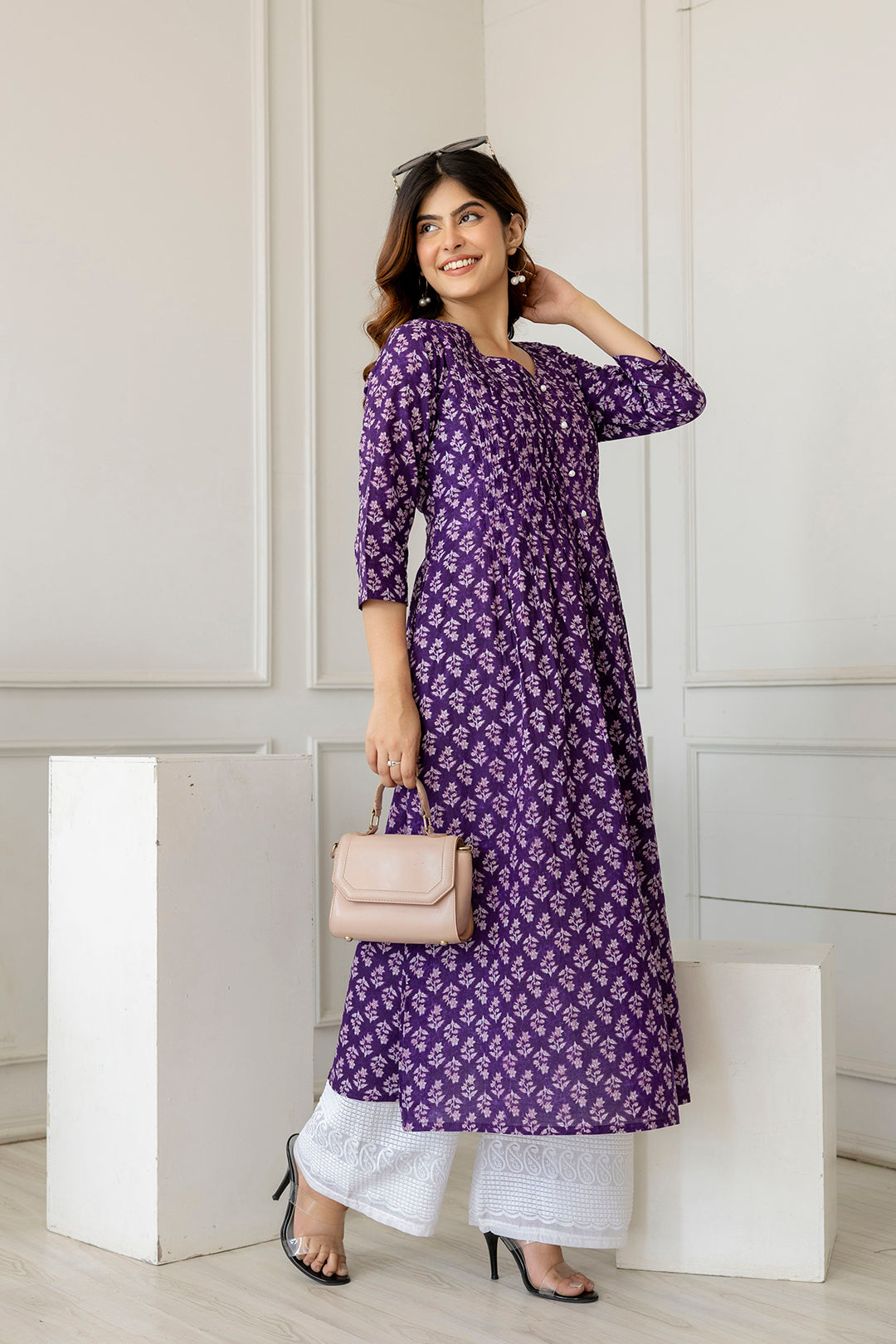 Women Purple Printed A-Line Kurta With Three Quarter Sleeves | LASVINI - Redefining Indian Fashion with Elegance