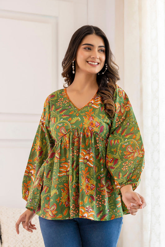Women Green Printed V-Neck Peplum Tunic | LASVINI - Redefining Indian Fashion with Elegance