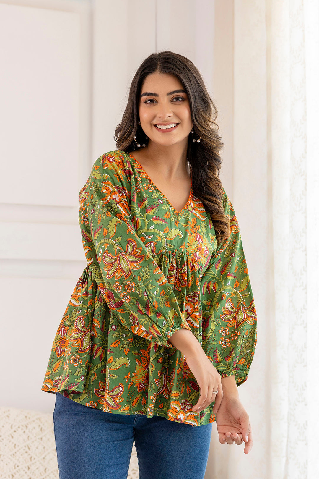 Women Green Printed V-Neck Peplum Tunic | LASVINI - Redefining Indian Fashion with Elegance