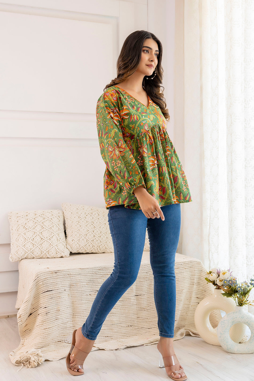 Women Green Printed V-Neck Peplum Tunic | LASVINI - Redefining Indian Fashion with Elegance