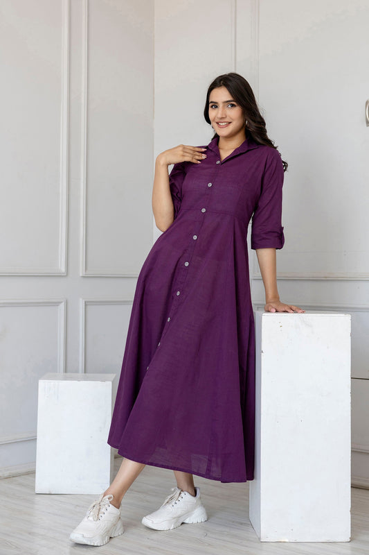 Women Purple Solid Flared Dress With Three Quarter Sleeves | LASVINI - Redefining Indian Fashion with Elegance