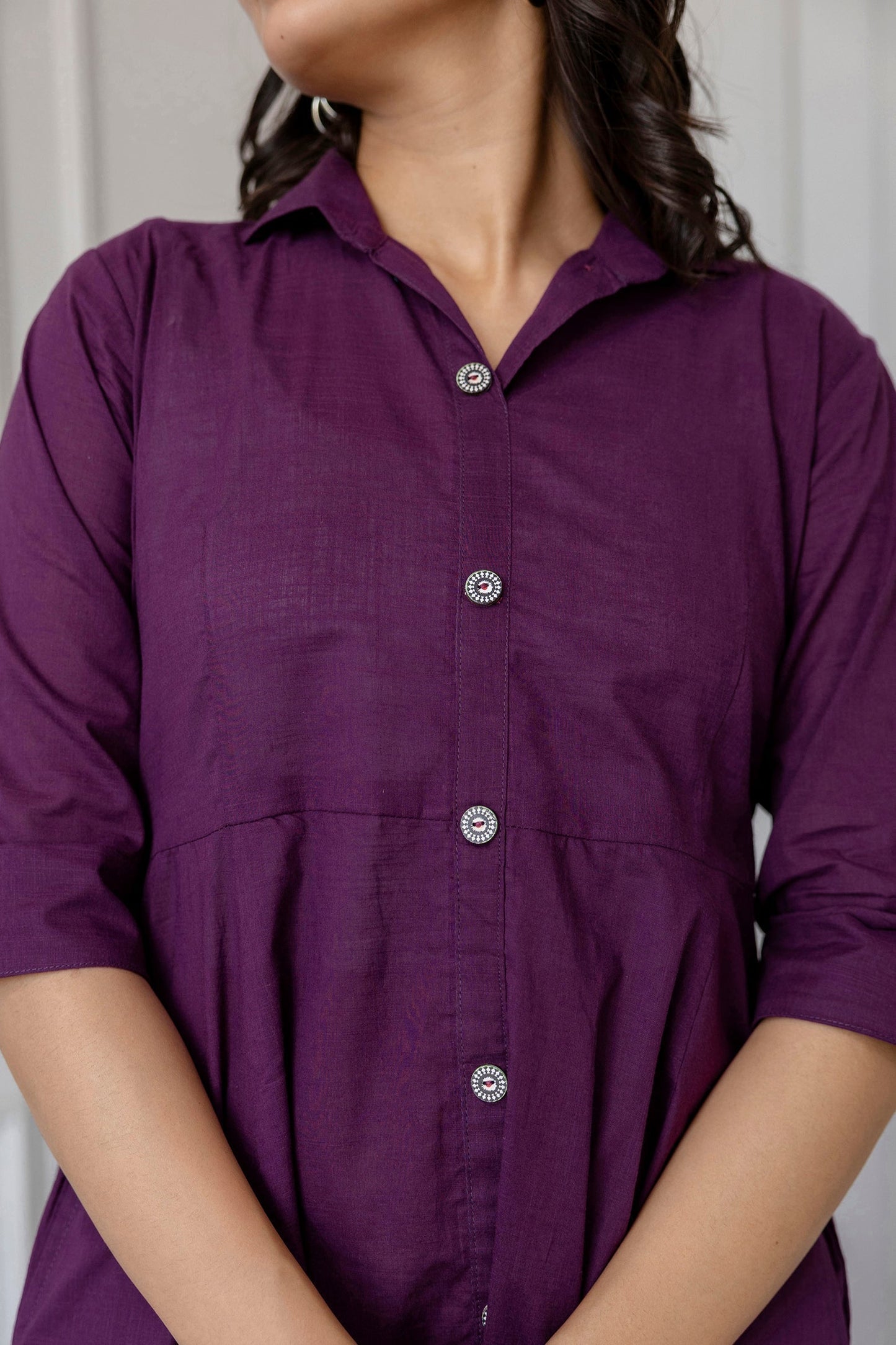 Women Purple Solid Flared Dress With Three Quarter Sleeves | LASVINI - Redefining Indian Fashion with Elegance