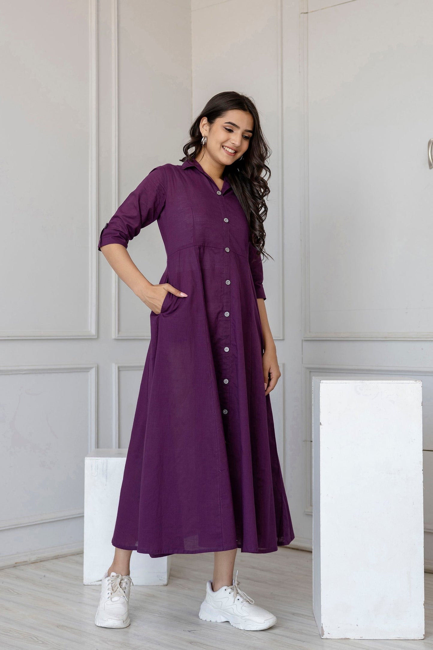 Women Purple Solid Flared Dress With Three Quarter Sleeves | LASVINI - Redefining Indian Fashion with Elegance