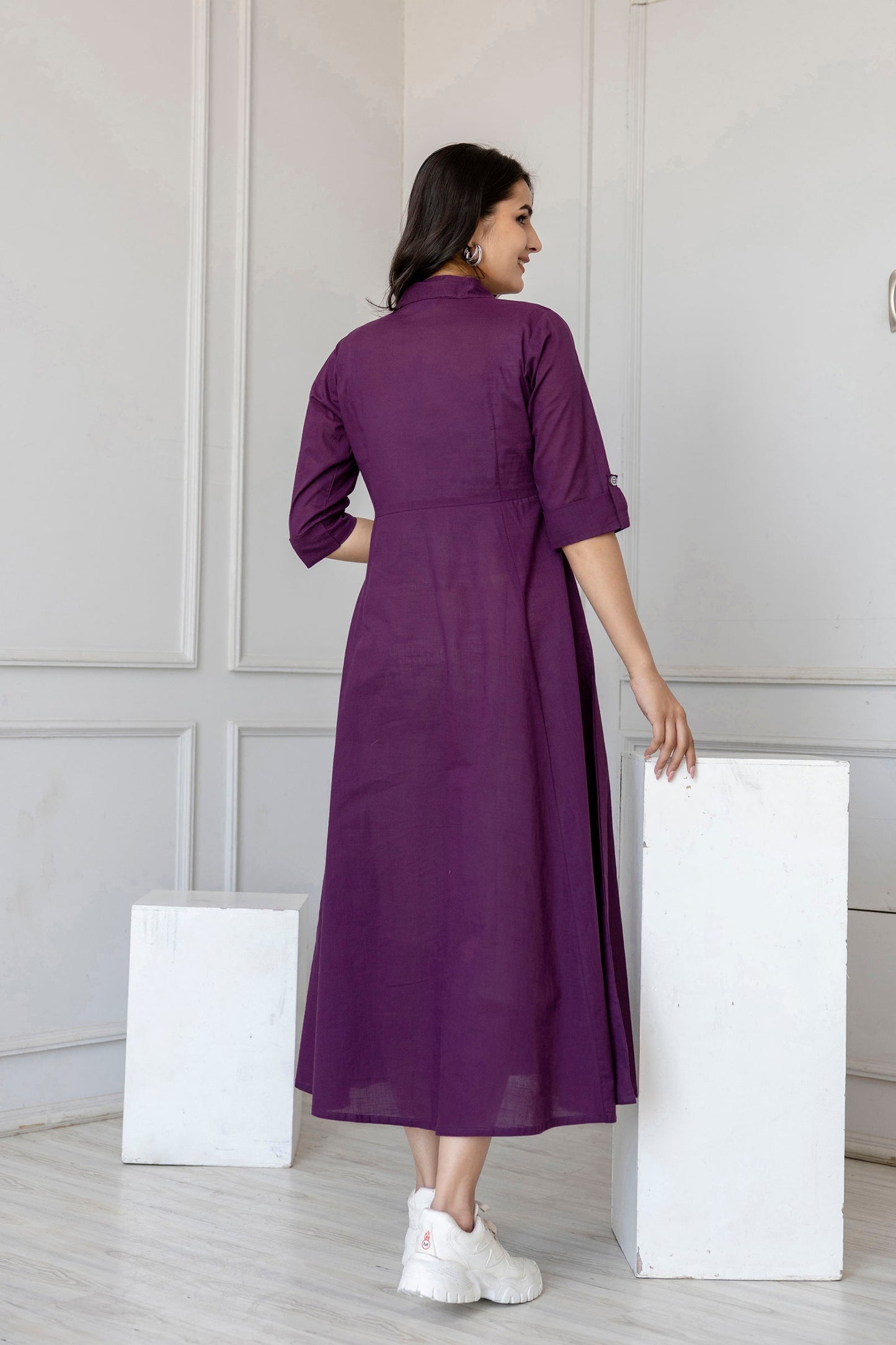 Women Purple Solid Flared Dress With Three Quarter Sleeves | LASVINI - Redefining Indian Fashion with Elegance