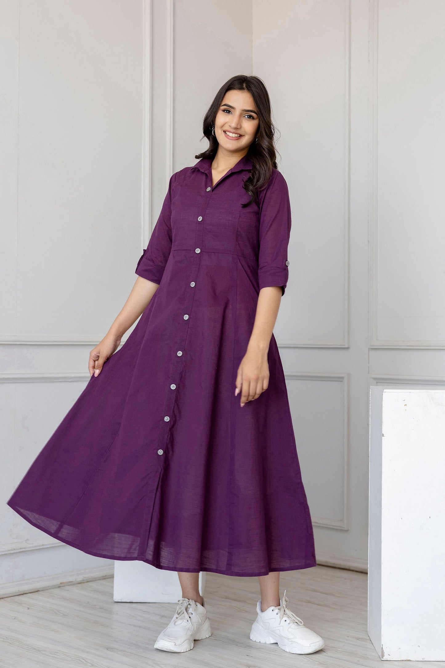 Women Purple Solid Flared Dress With Three Quarter Sleeves | LASVINI - Redefining Indian Fashion with Elegance