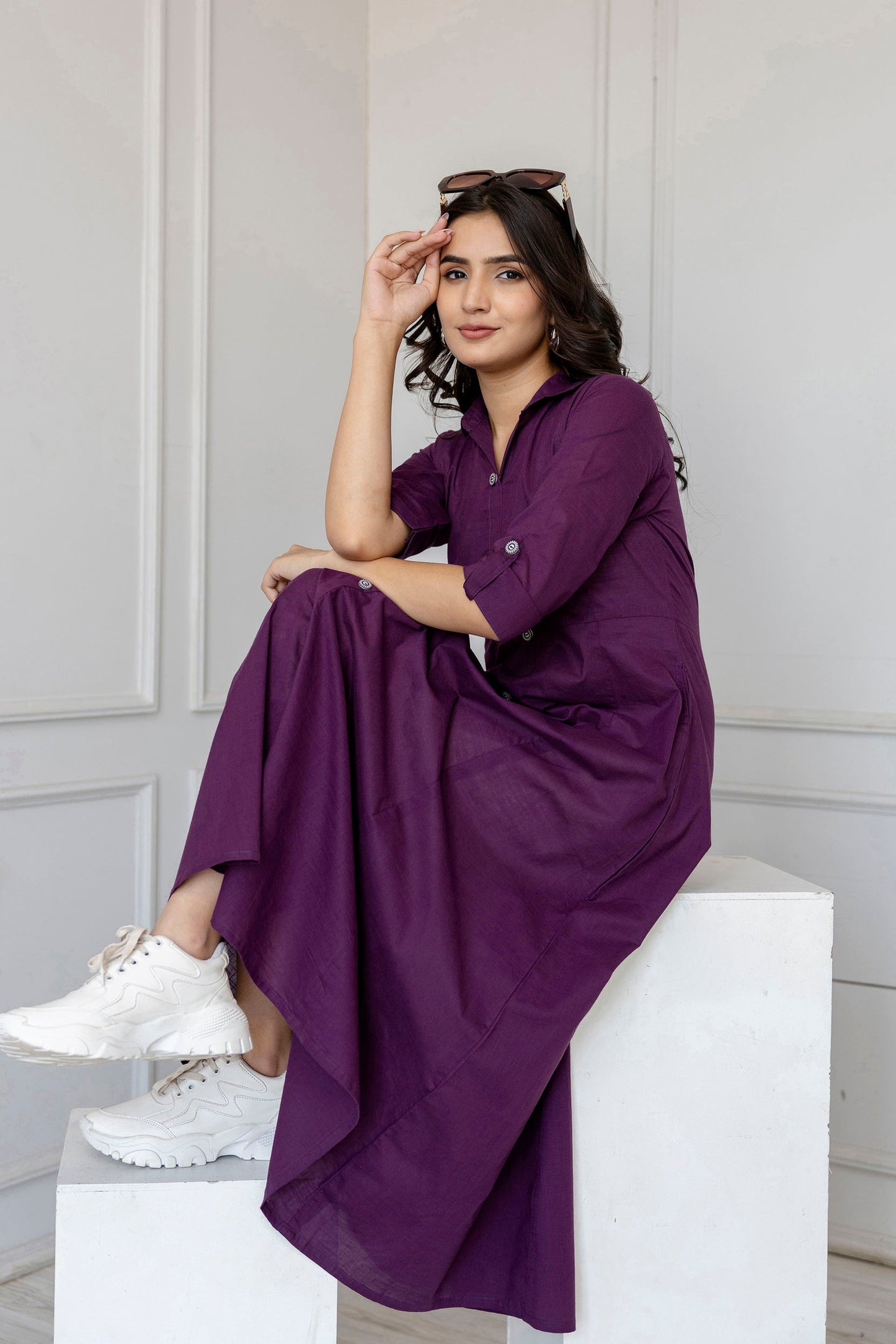 Women Purple Solid Flared Dress With Three Quarter Sleeves | LASVINI - Redefining Indian Fashion with Elegance
