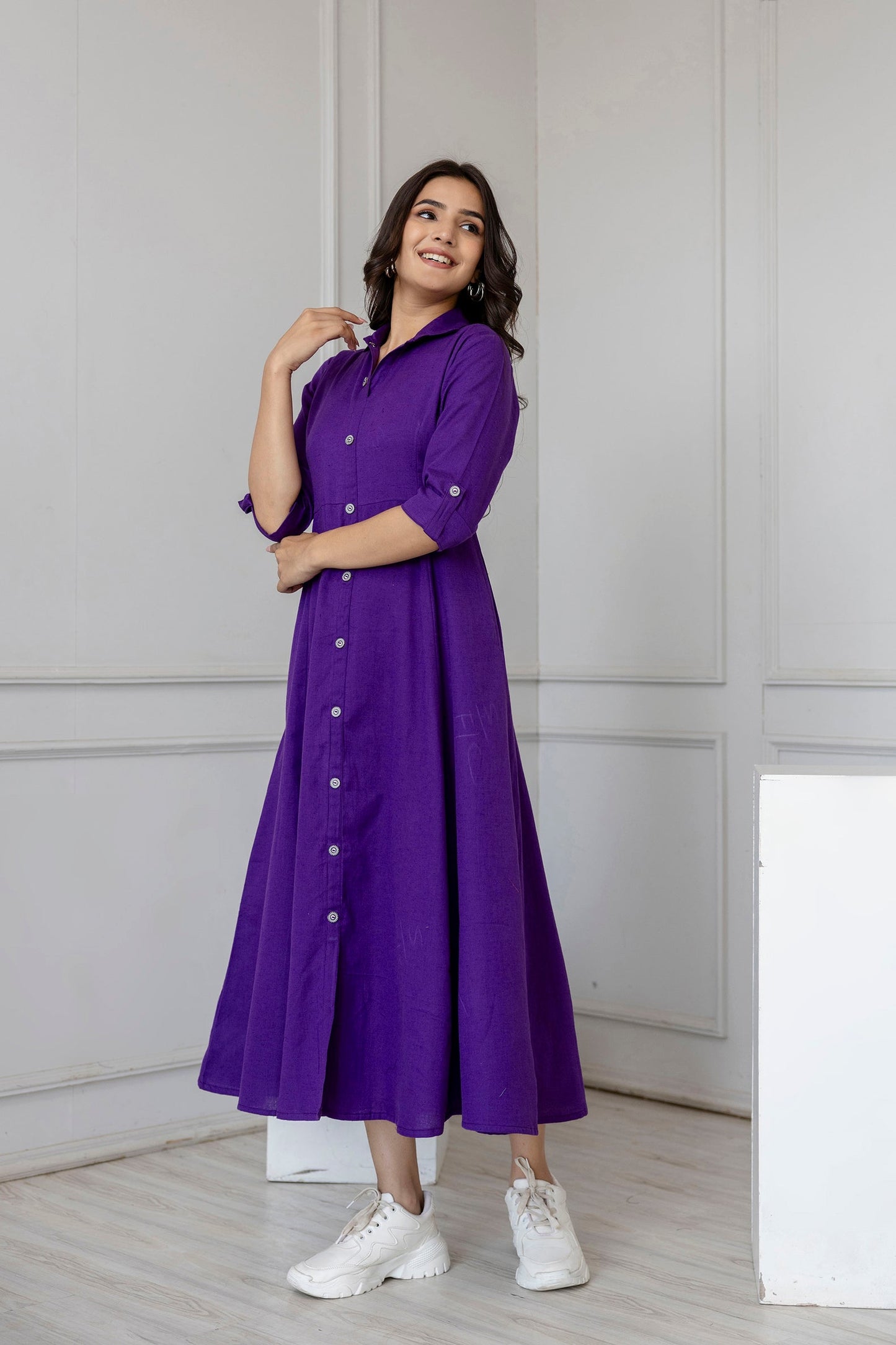Women Purple Solid Flared Dress With Three Quarter Sleeves | LASVINI - Redefining Indian Fashion with Elegance