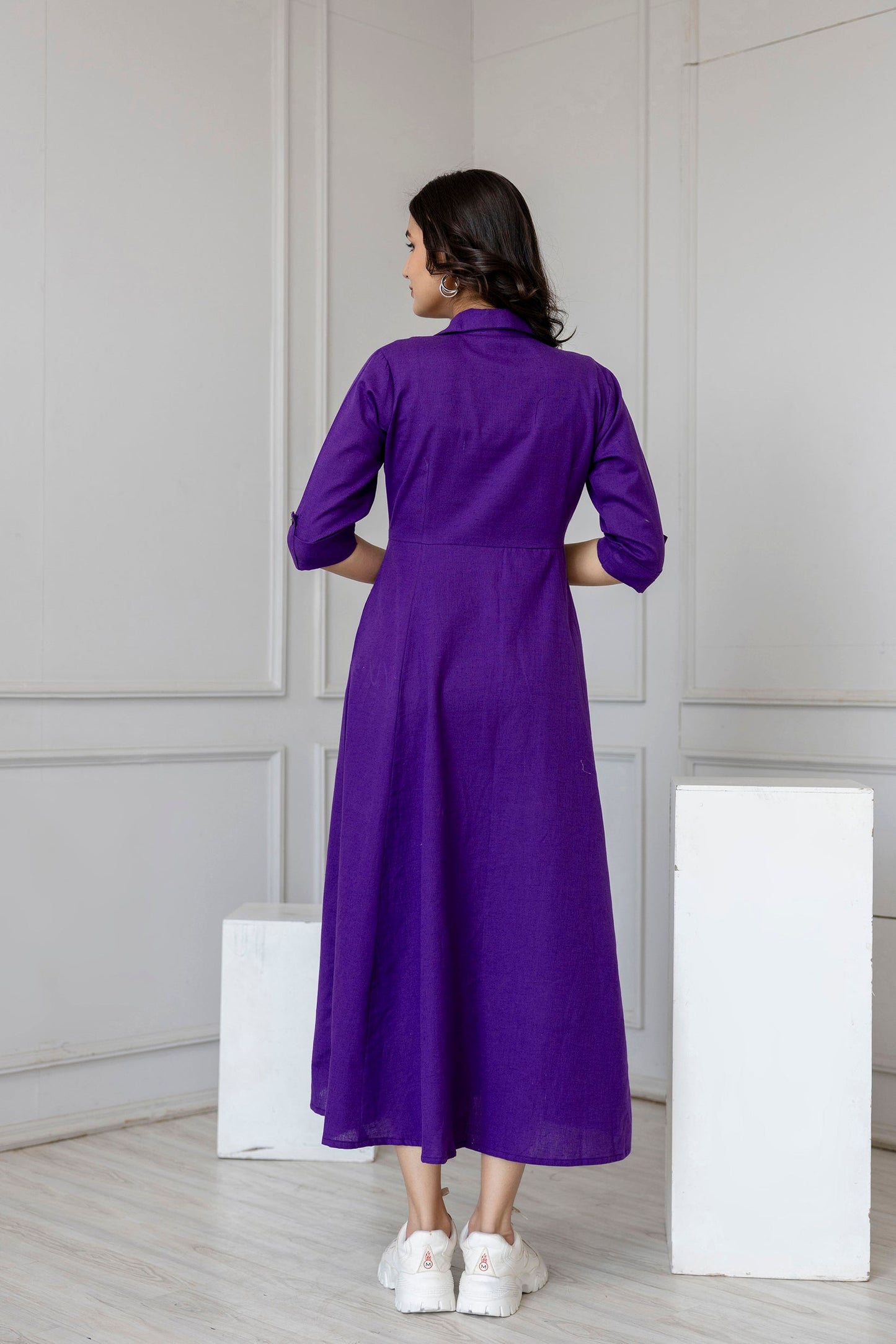 Women Purple Solid Flared Dress With Three Quarter Sleeves | LASVINI - Redefining Indian Fashion with Elegance