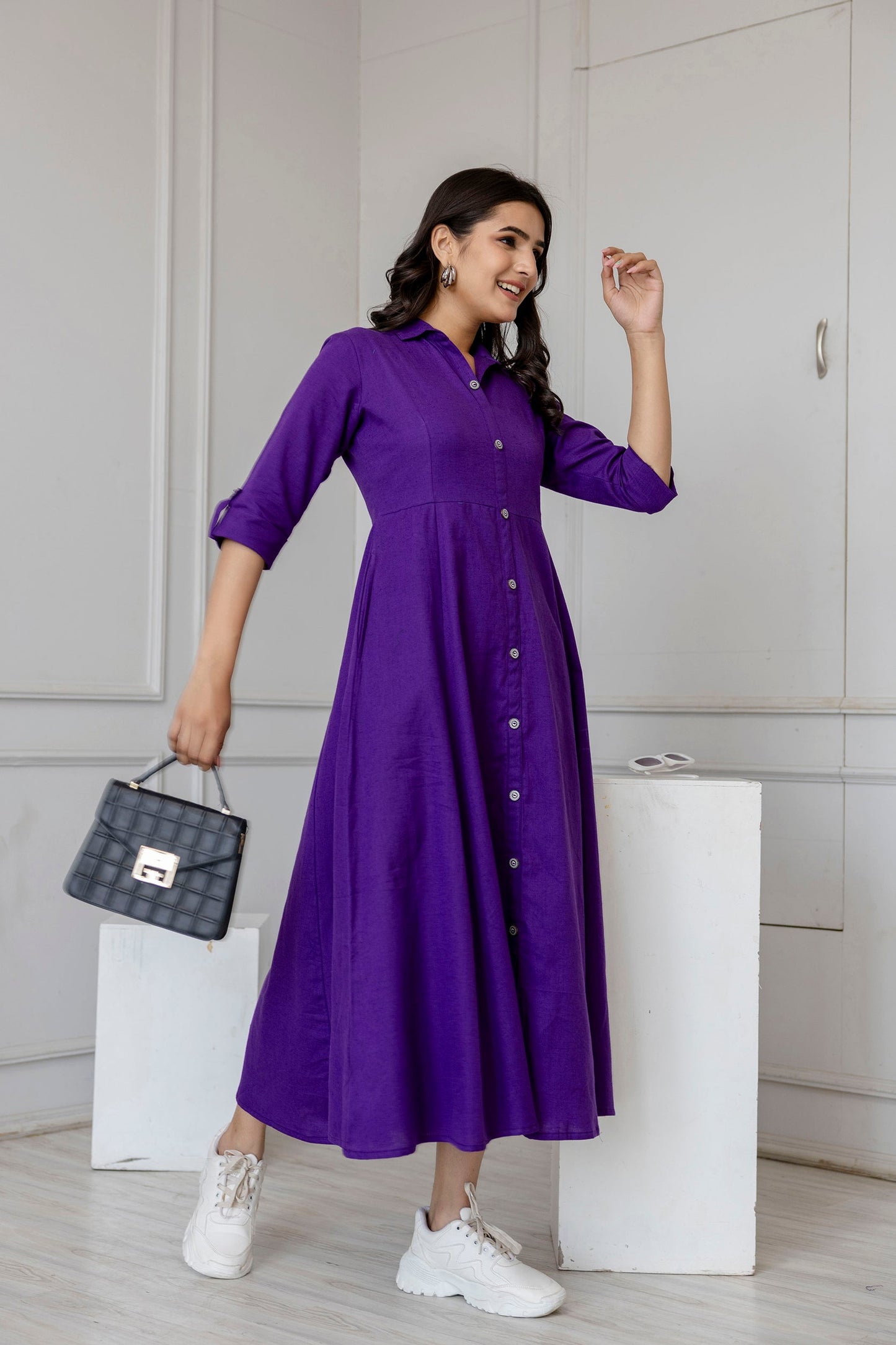 Women Purple Solid Flared Dress With Three Quarter Sleeves | LASVINI - Redefining Indian Fashion with Elegance