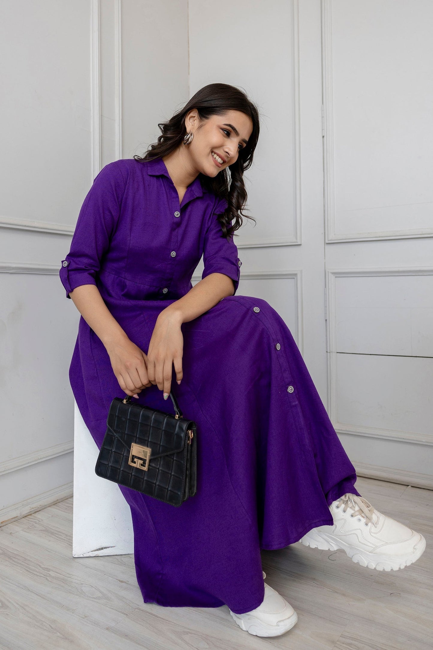 Women Purple Solid Flared Dress With Three Quarter Sleeves | LASVINI - Redefining Indian Fashion with Elegance
