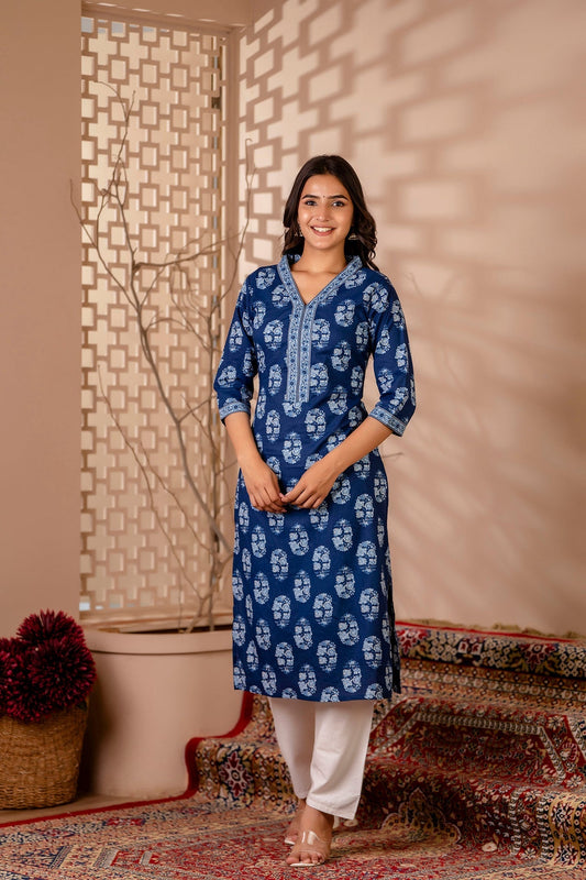 Women Blue Printed Straight Kurta With Three Quarter Sleeves | LASVINI - Redefining Indian Fashion with Elegance