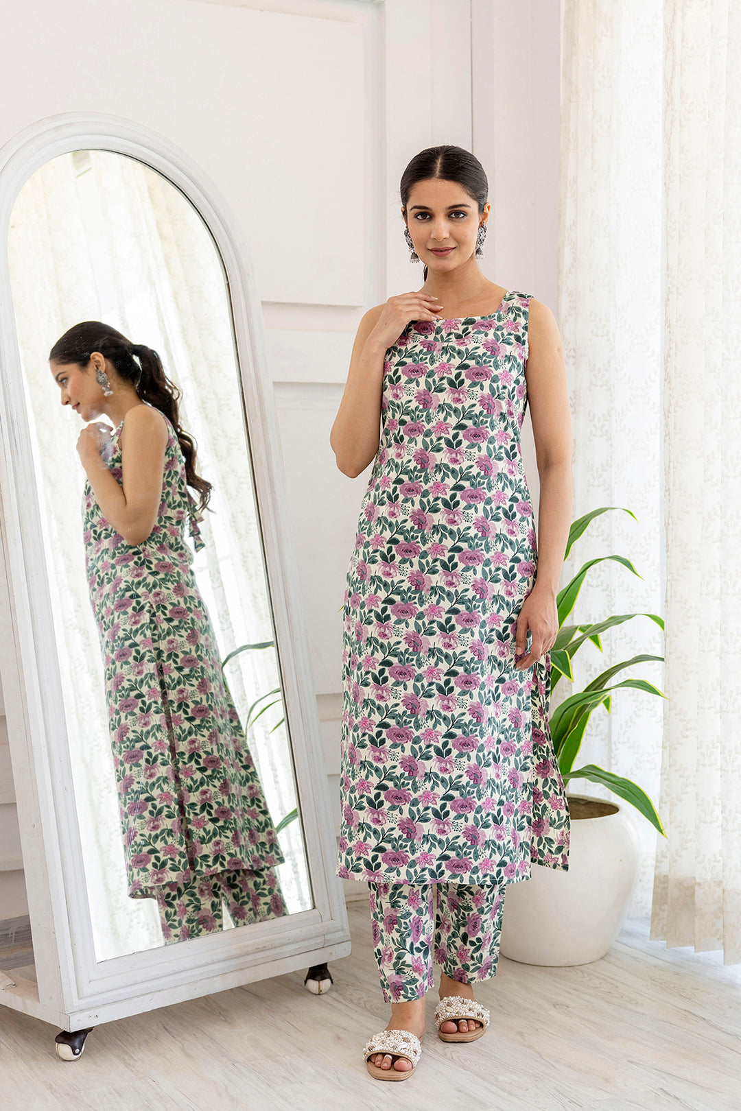 Women Off White And Purple Printed Straight Kurta With Trouser | LASVINI - Redefining Indian Fashion with Elegance