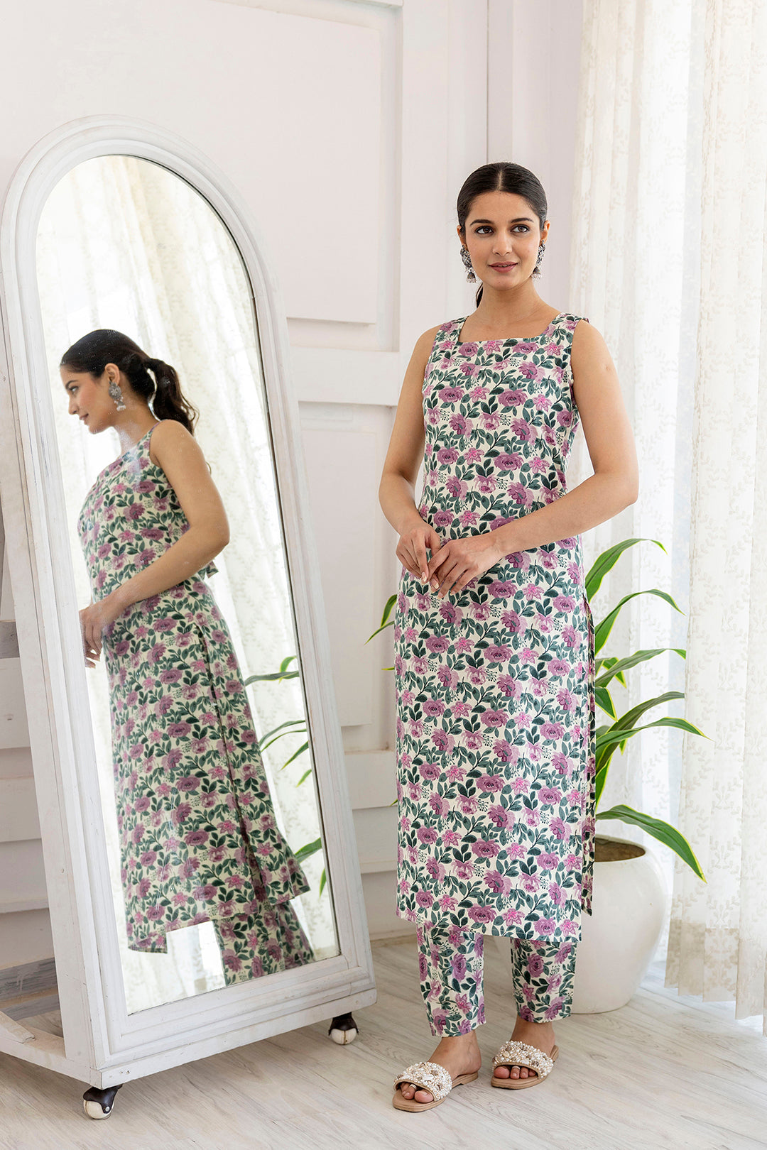 Women Off White And Purple Printed Straight Kurta With Trouser | LASVINI - Redefining Indian Fashion with Elegance