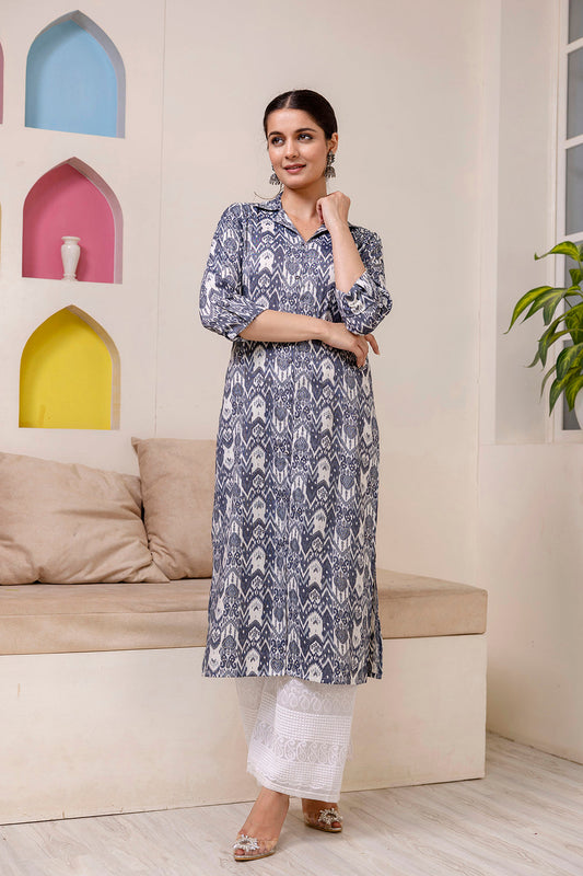 Women Grey Printed Straight Shirt Collar Kurta | LASVINI - Redefining Indian Fashion with Elegance