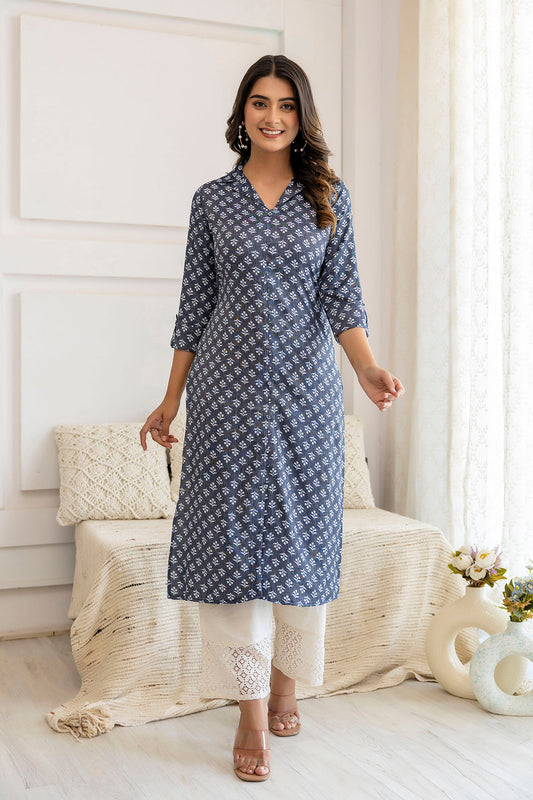 Women Blue Grey Printed Straight Shirt Collar Kurta | LASVINI - Redefining Indian Fashion with Elegance