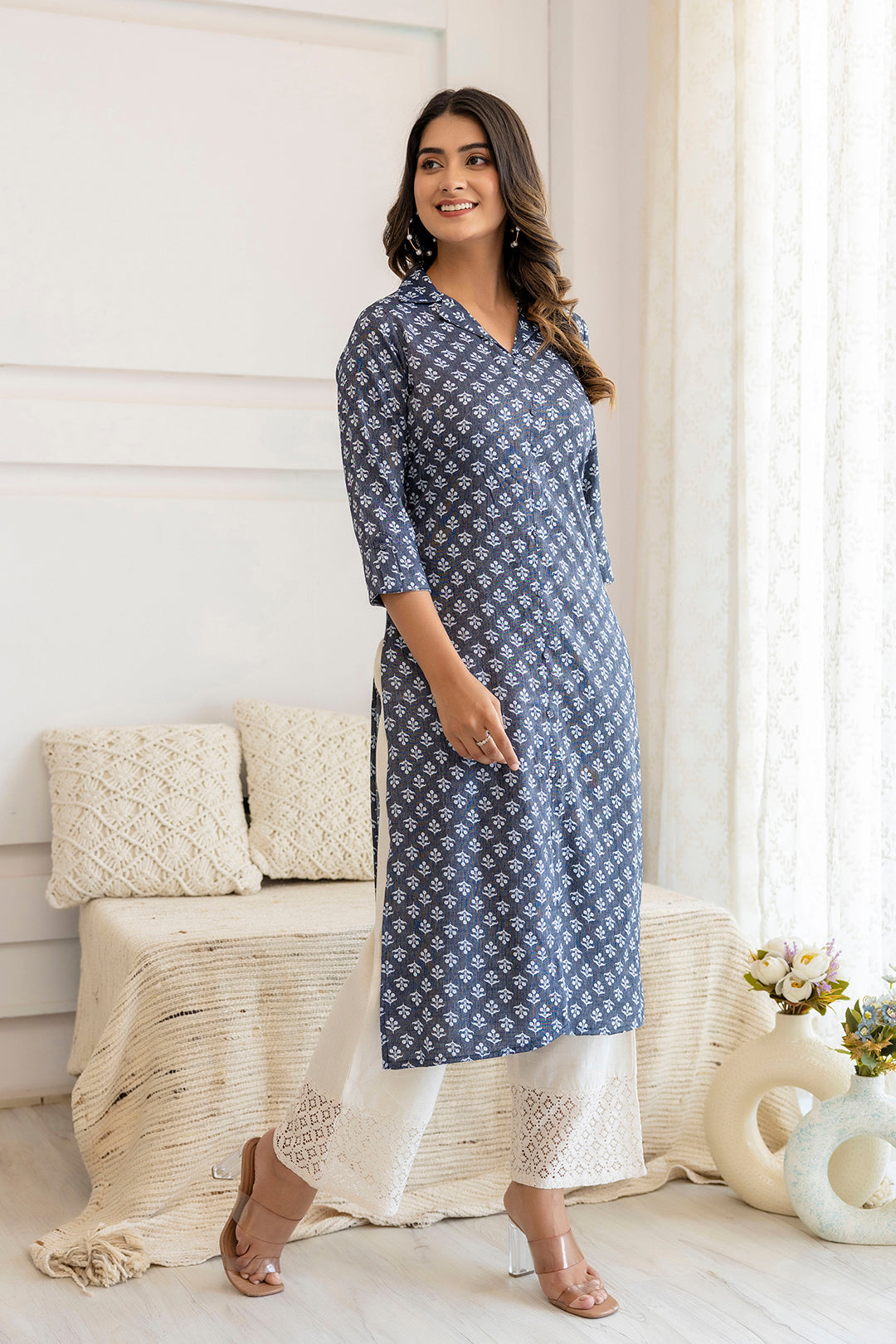 Women Blue Grey Printed Straight Shirt Collar Kurta | LASVINI - Redefining Indian Fashion with Elegance