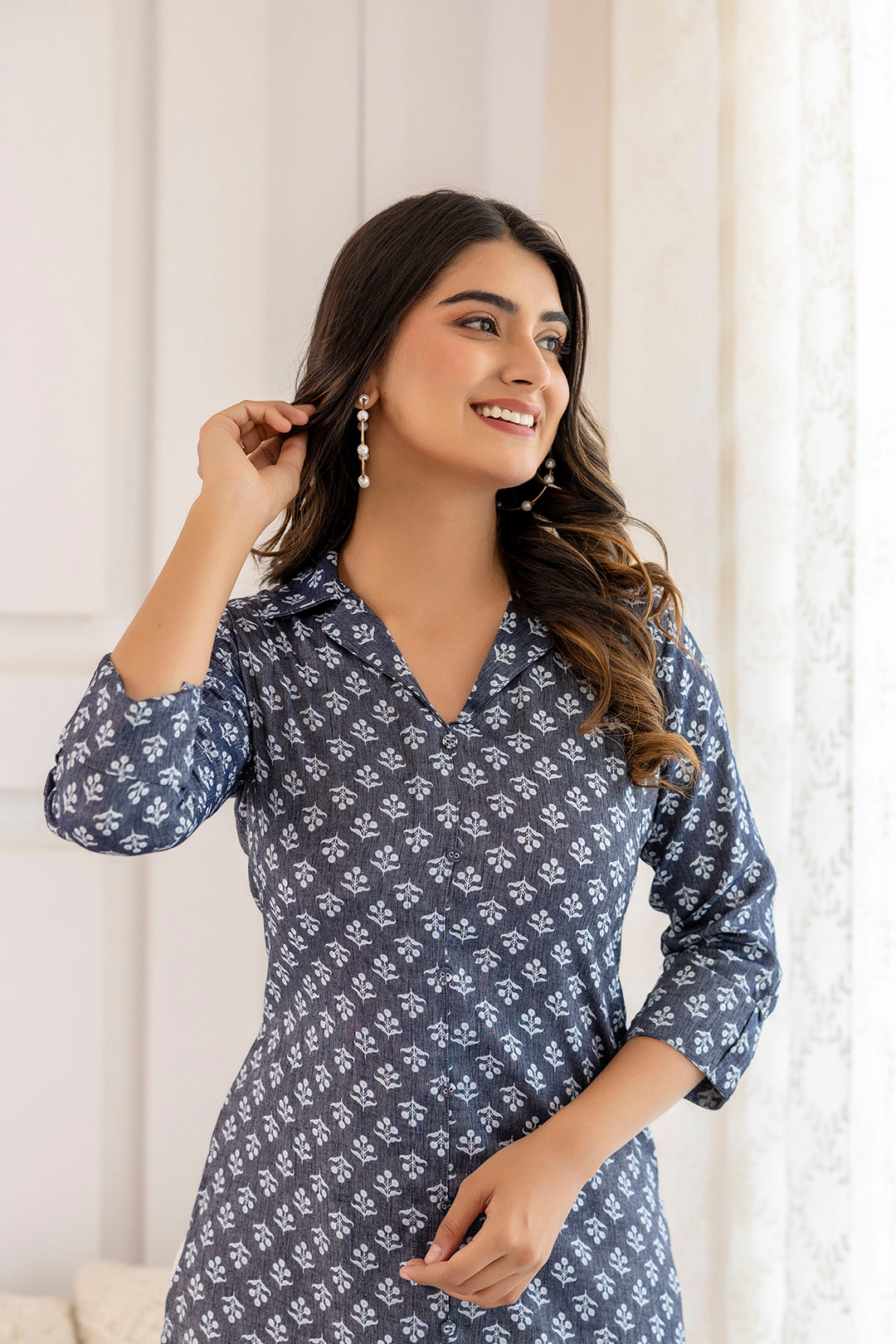 Women Blue Grey Printed Straight Shirt Collar Kurta | LASVINI - Redefining Indian Fashion with Elegance