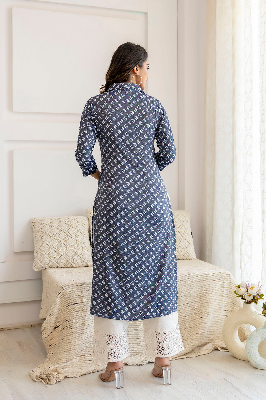 Women Blue Grey Printed Straight Shirt Collar Kurta | LASVINI - Redefining Indian Fashion with Elegance