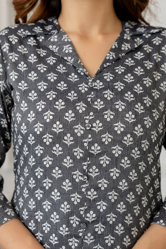 Women Grey Printed Straight Shirt Collar Kurta | LASVINI - Redefining Indian Fashion with Elegance