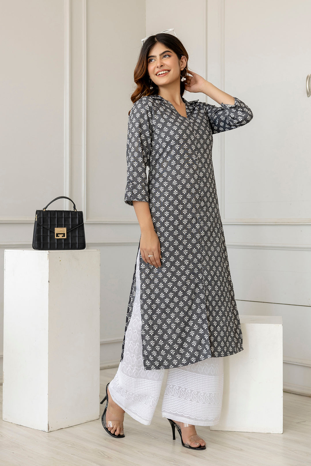 Women Grey Printed Straight Shirt Collar Kurta | LASVINI - Redefining Indian Fashion with Elegance