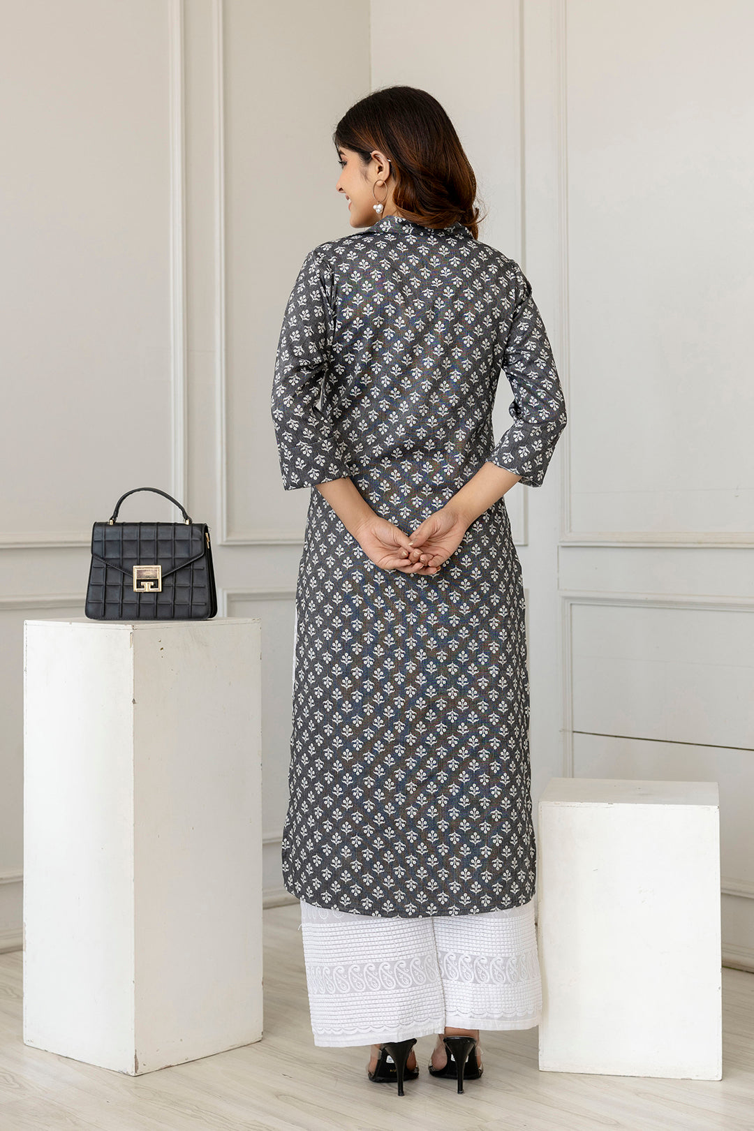 Women Grey Printed Straight Shirt Collar Kurta | LASVINI - Redefining Indian Fashion with Elegance