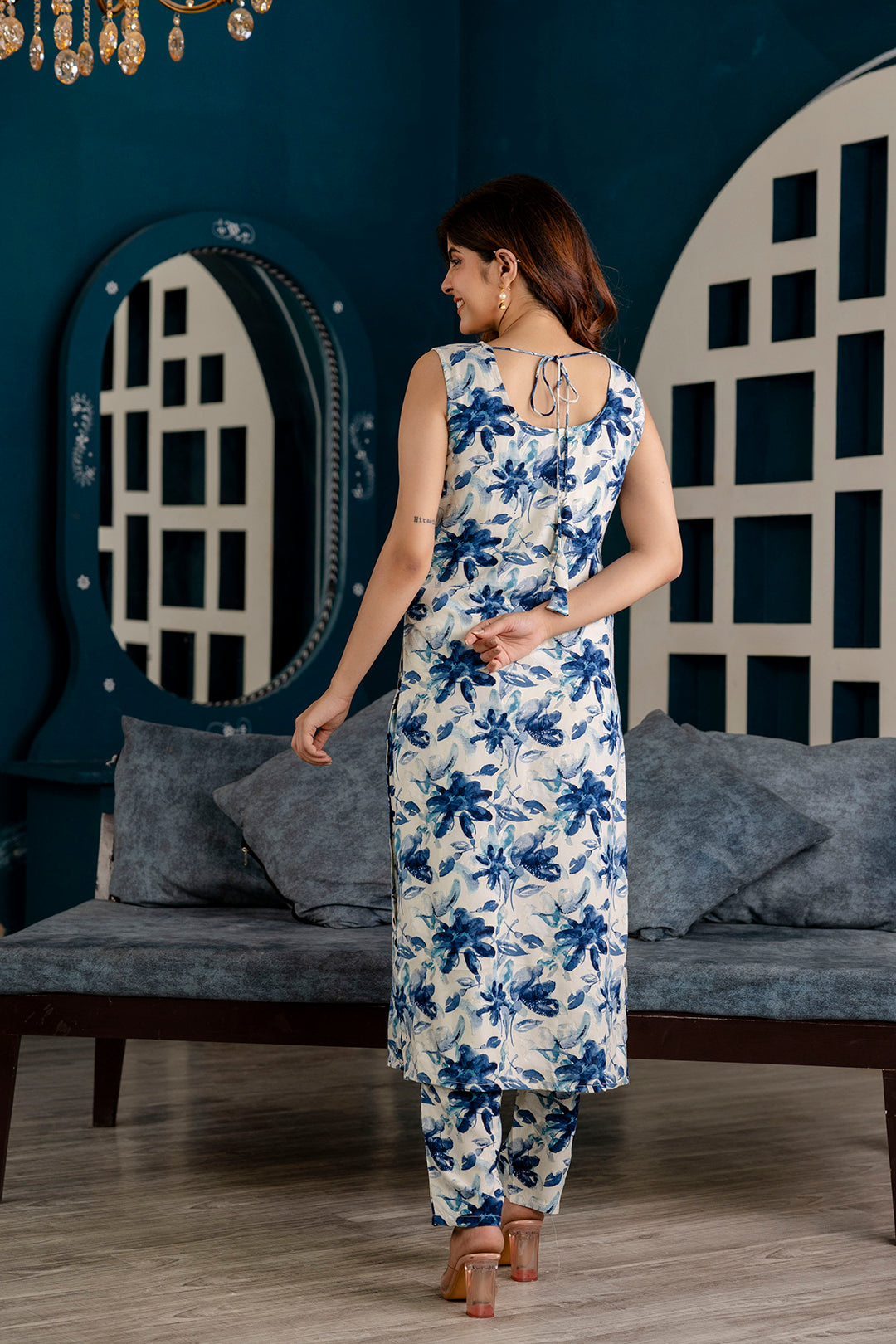 Women Blue And Off White Printed Straight Kurta With Trouser | LASVINI - Redefining Indian Fashion with Elegance