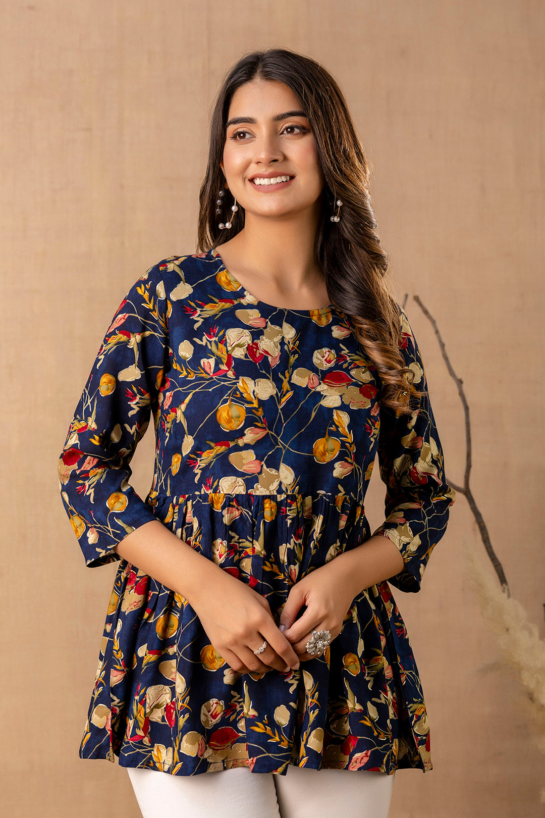 Women Navy Blue Printed V-Neck Peplum Tunic | LASVINI - Redefining Indian Fashion with Elegance