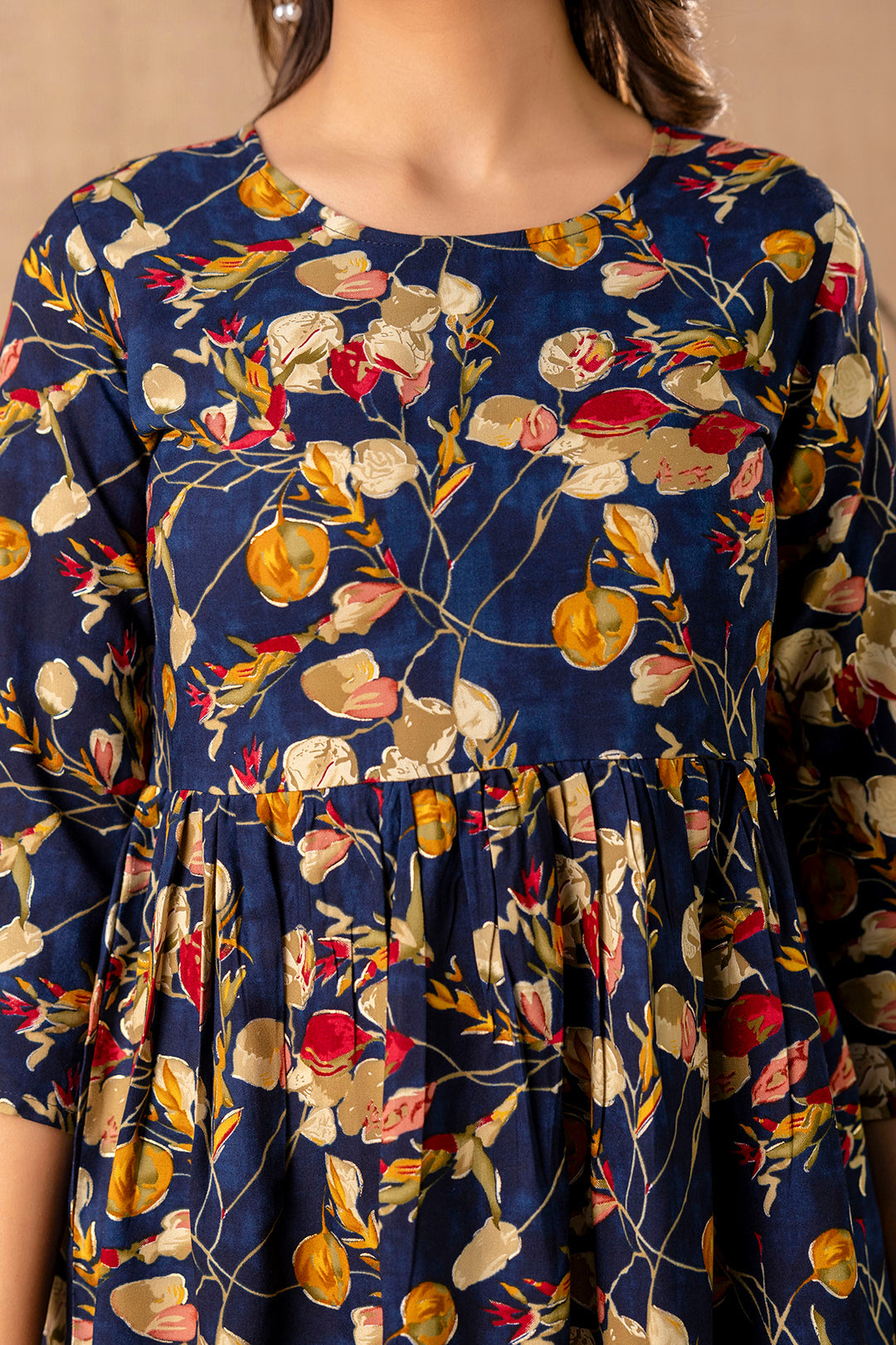 Women Navy Blue Printed V-Neck Peplum Tunic | LASVINI - Redefining Indian Fashion with Elegance