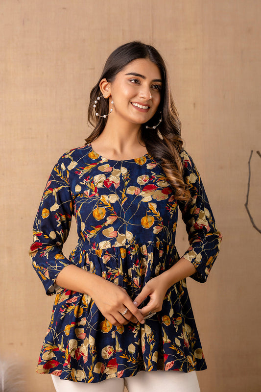 Women Navy Blue Printed V-Neck Peplum Tunic | LASVINI - Redefining Indian Fashion with Elegance
