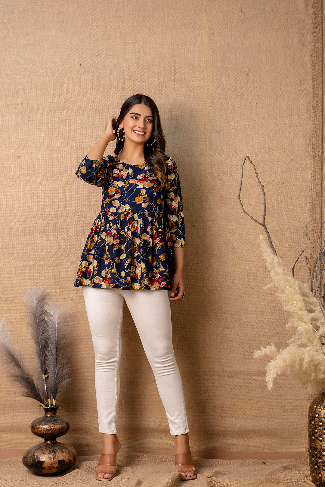 Women Navy Blue Printed V-Neck Peplum Tunic | LASVINI - Redefining Indian Fashion with Elegance